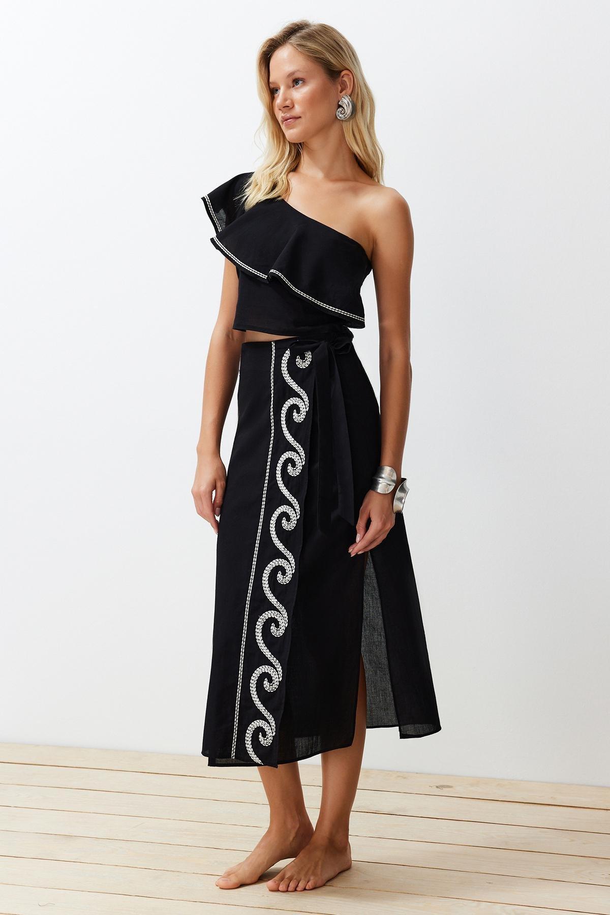 Black Woven One-Shoulder Co-Ord Set, , large image number 0