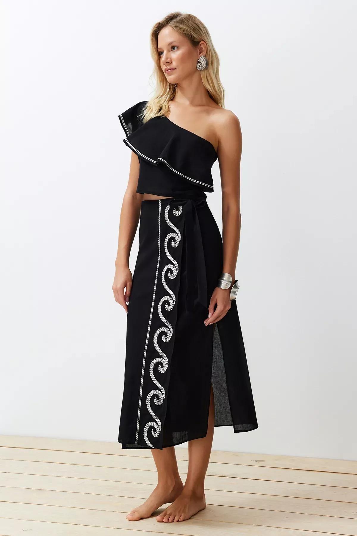 Black Woven One-Shoulder Co-Ord Set, C101_2094, medium