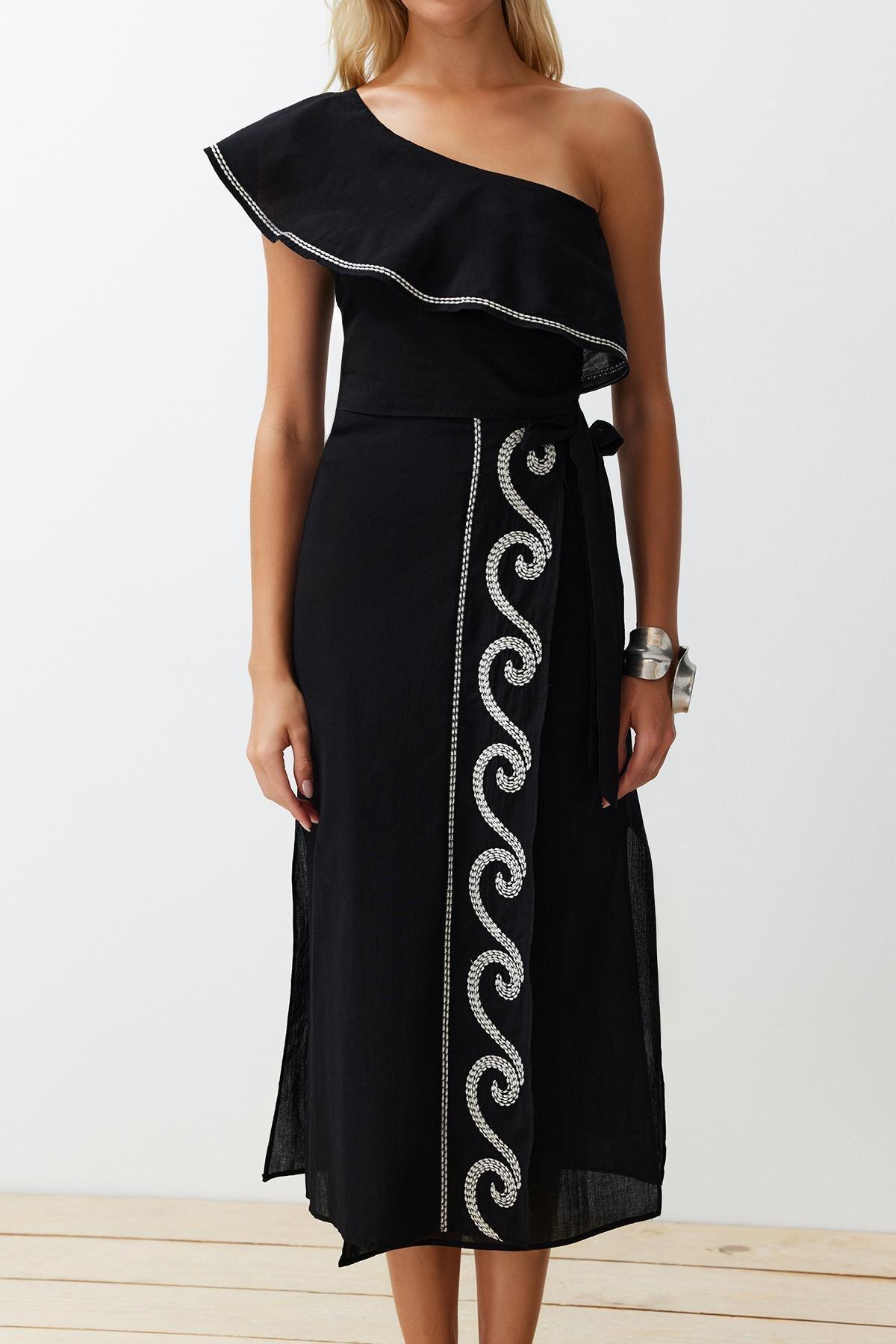 Black Woven One-Shoulder Co-Ord Set, , large image number 1