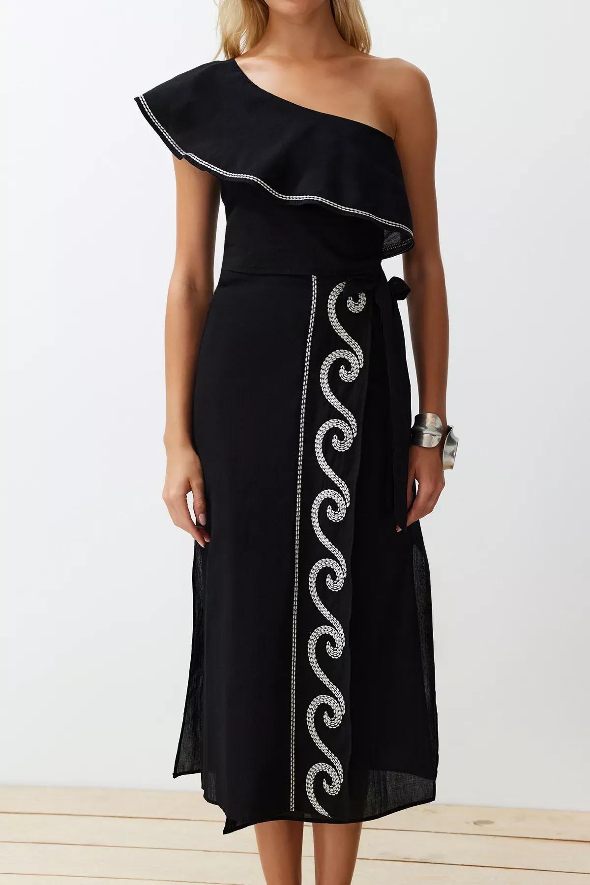 Black Woven One-Shoulder Co-Ord Set, C101_2094, medium