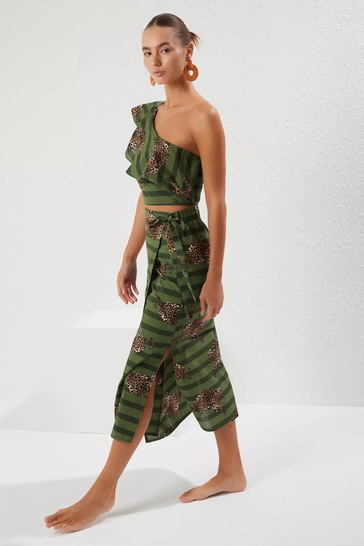 Green Leopard Patterned One Shoulder Co-Ord Set, C101_7382, large image number 0