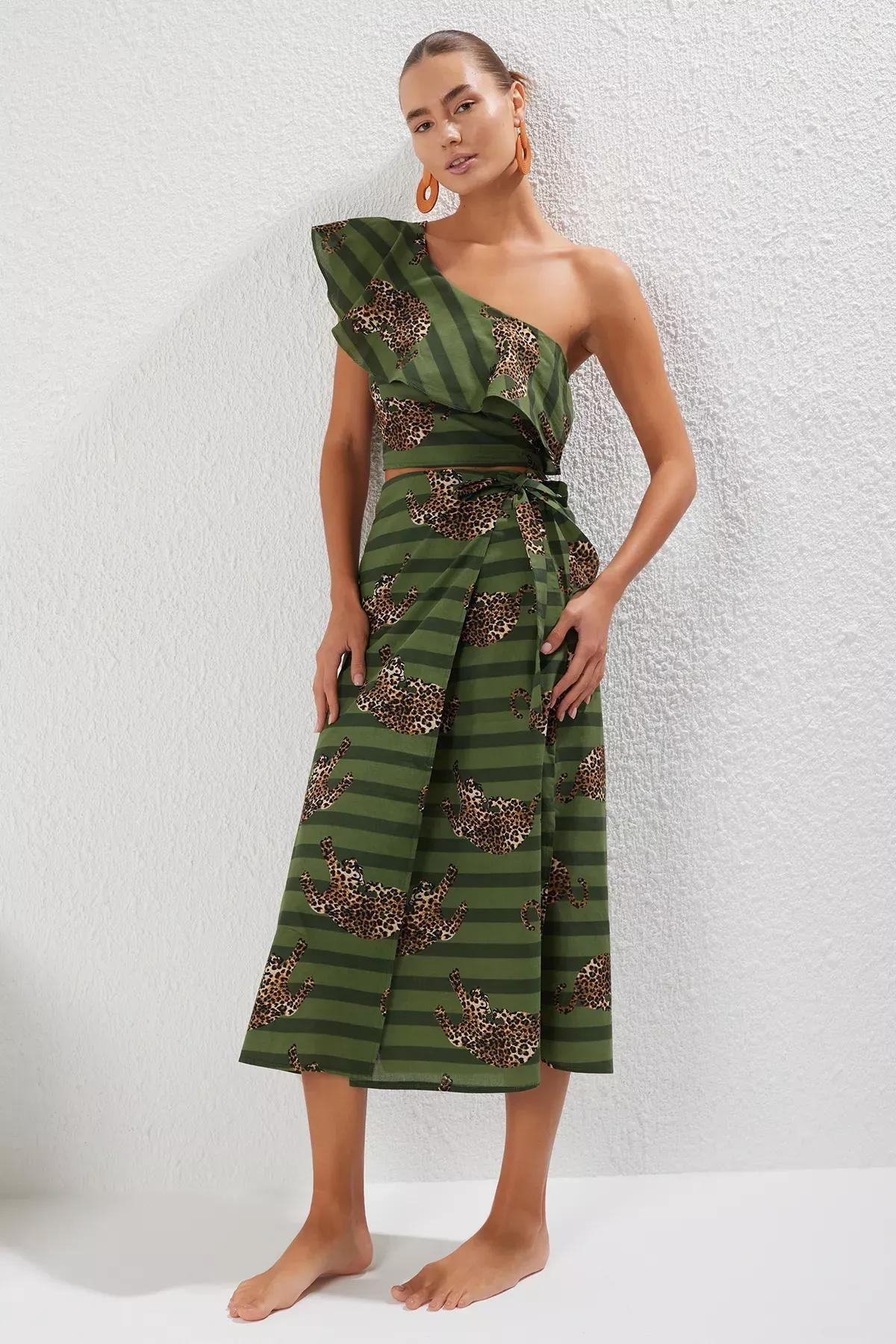 Green Leopard Patterned One Shoulder Co-Ord Set, C101_7382, large image number 1