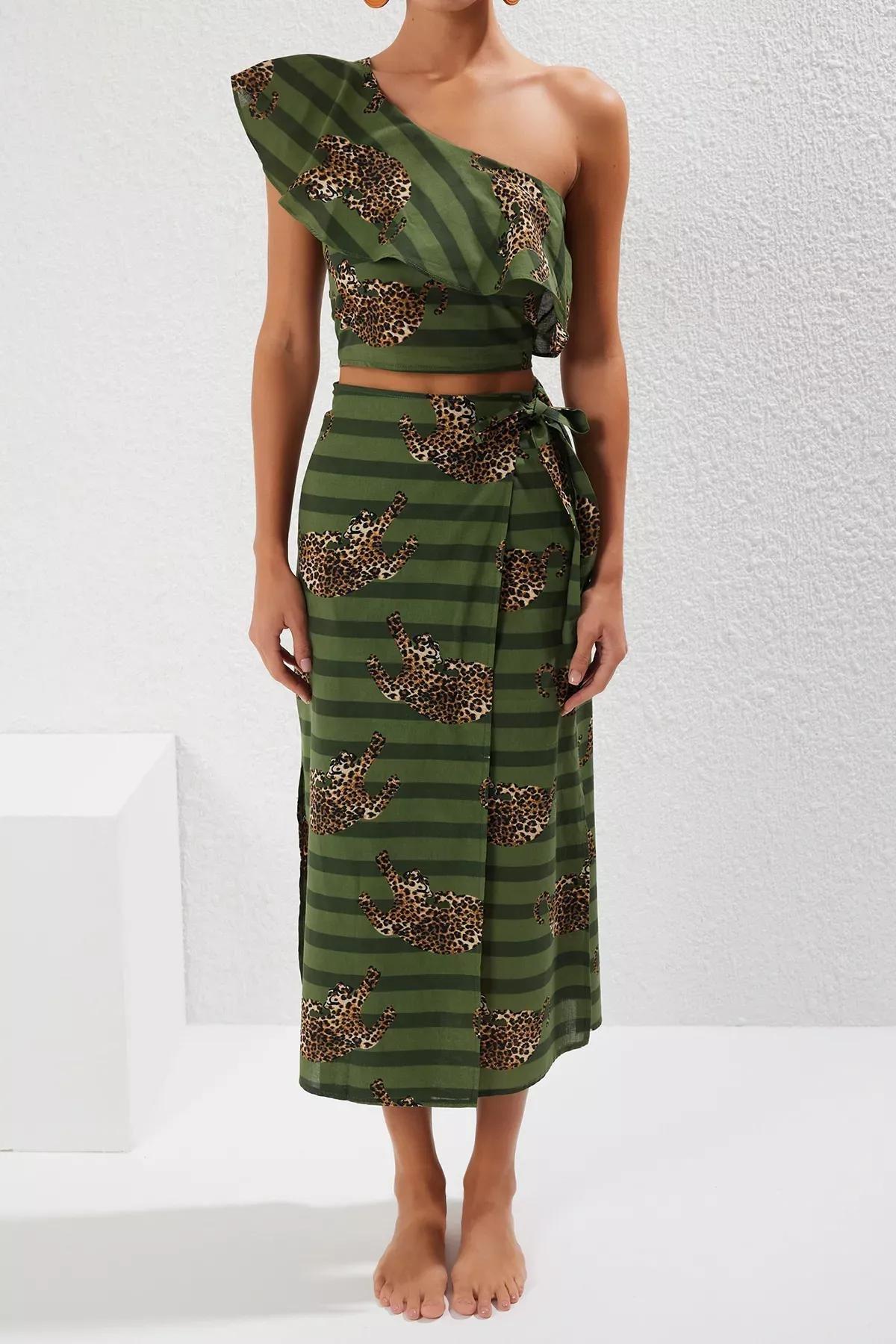 Green Leopard Patterned One Shoulder Co-Ord Set, C101_7382, large image number 2