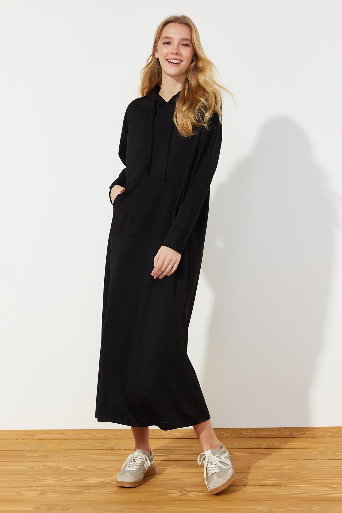 Black Hooded Knitted Sweat Dress, , large image number 0