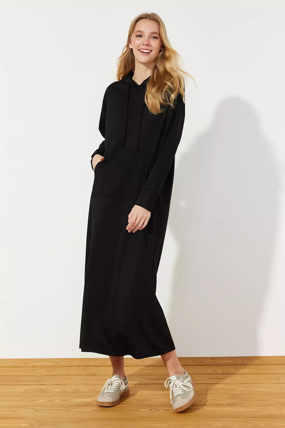 Black Hooded Knitted Sweat Dress, , medium