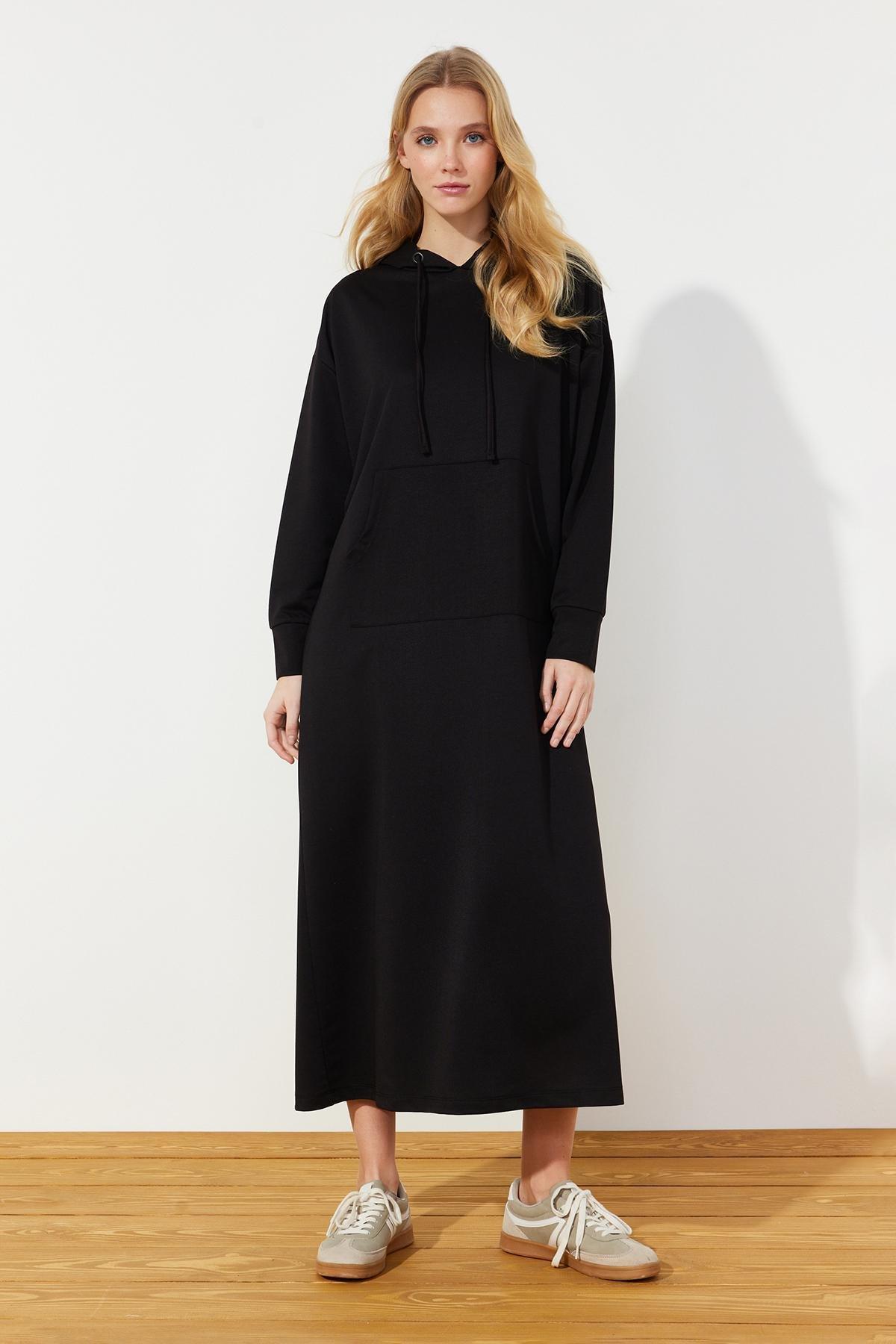 Black Hooded Knitted Sweat Dress, , large image number 1