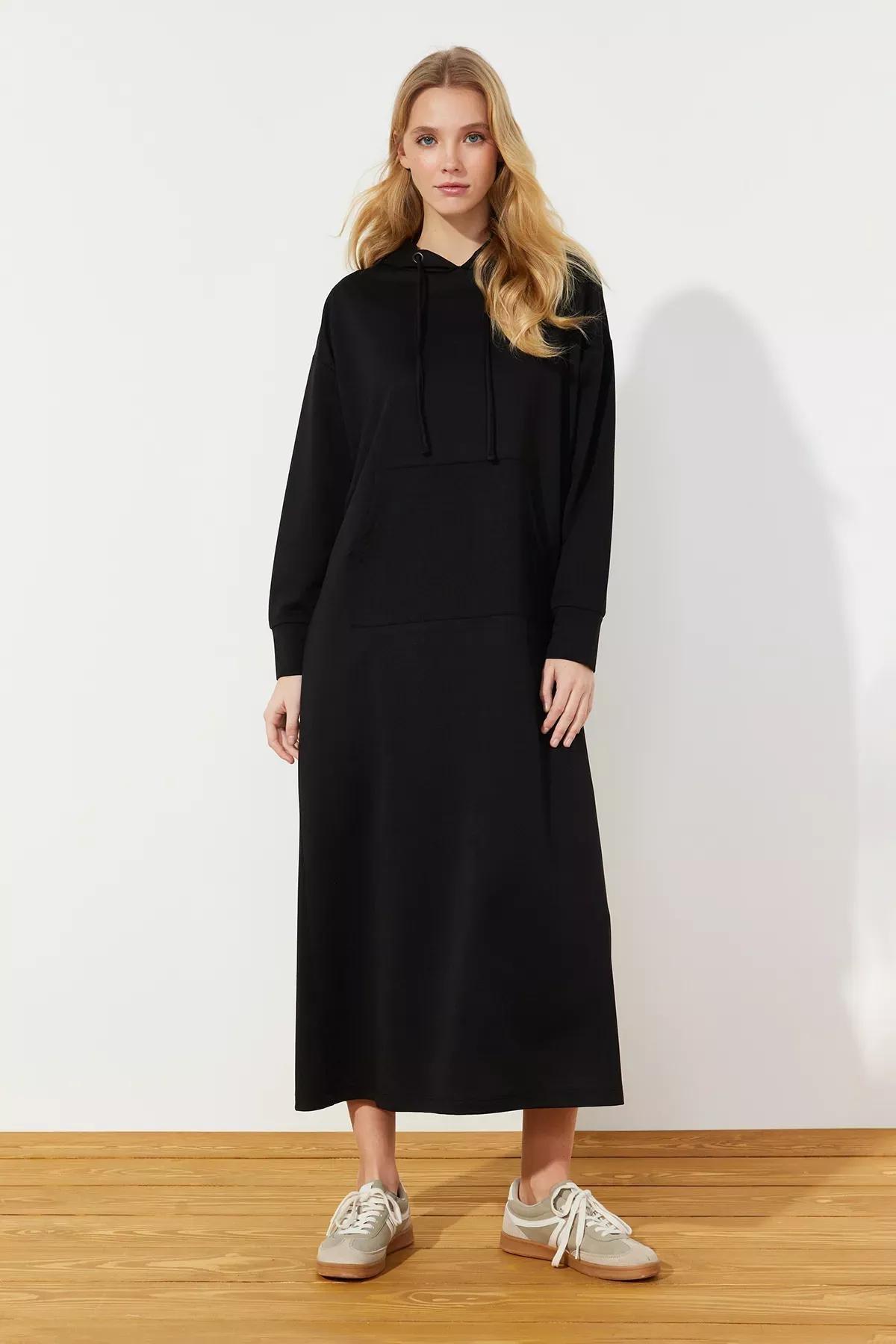 Black Hooded Knitted Sweat Dress, , large image number 1