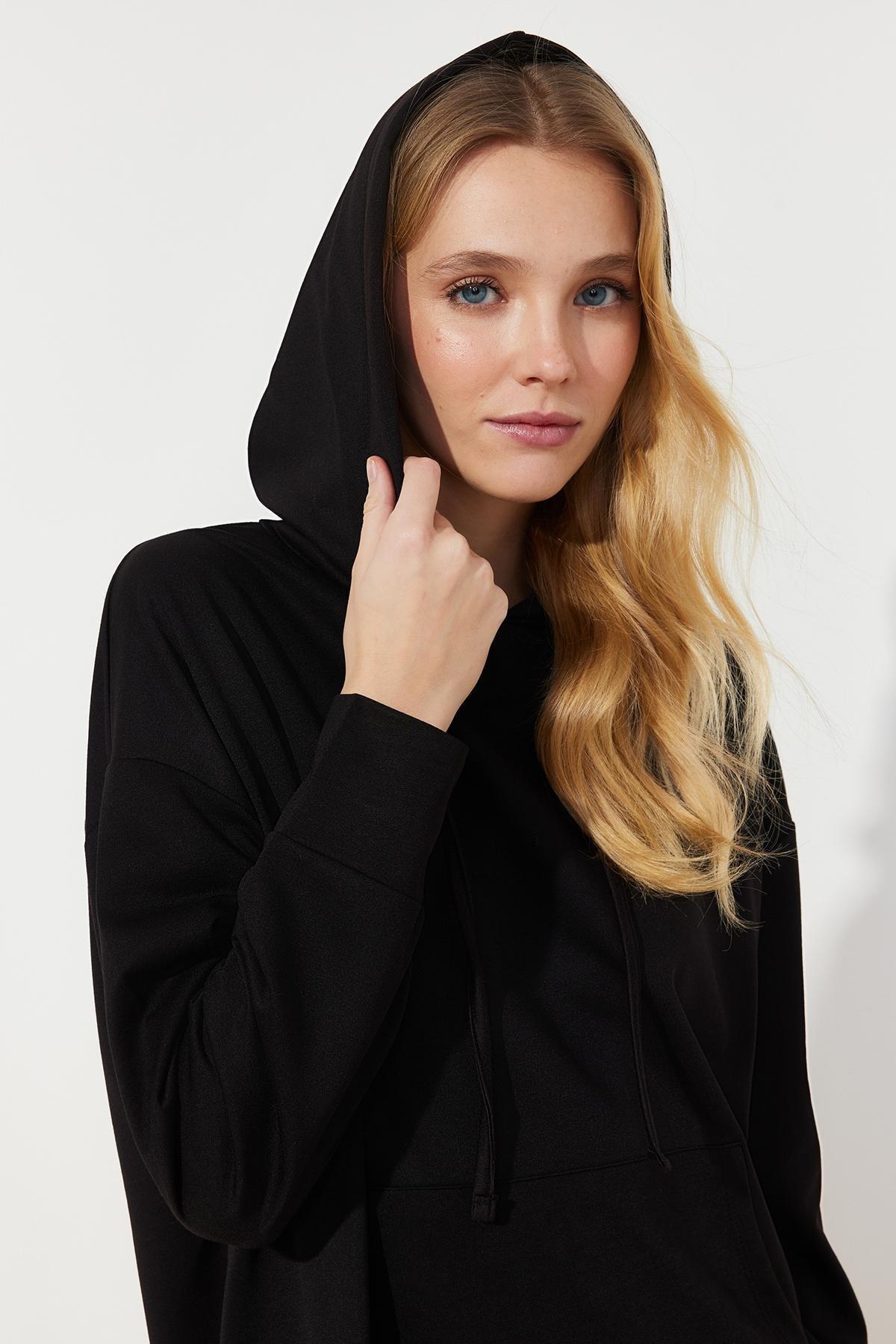 Black Hooded Knitted Sweat Dress, , large image number 2