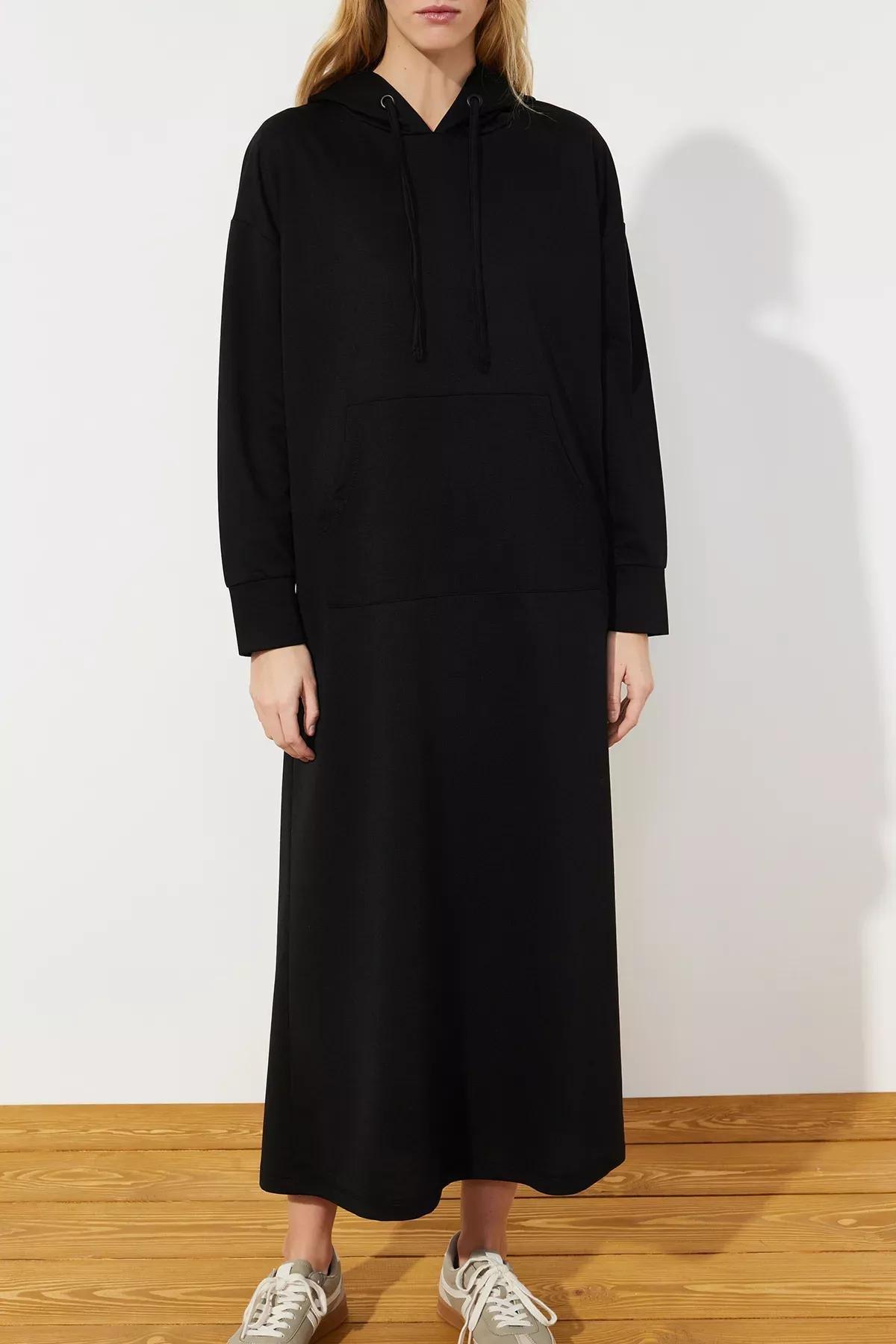 Black Hooded Knitted Sweat Dress, , large image number 3