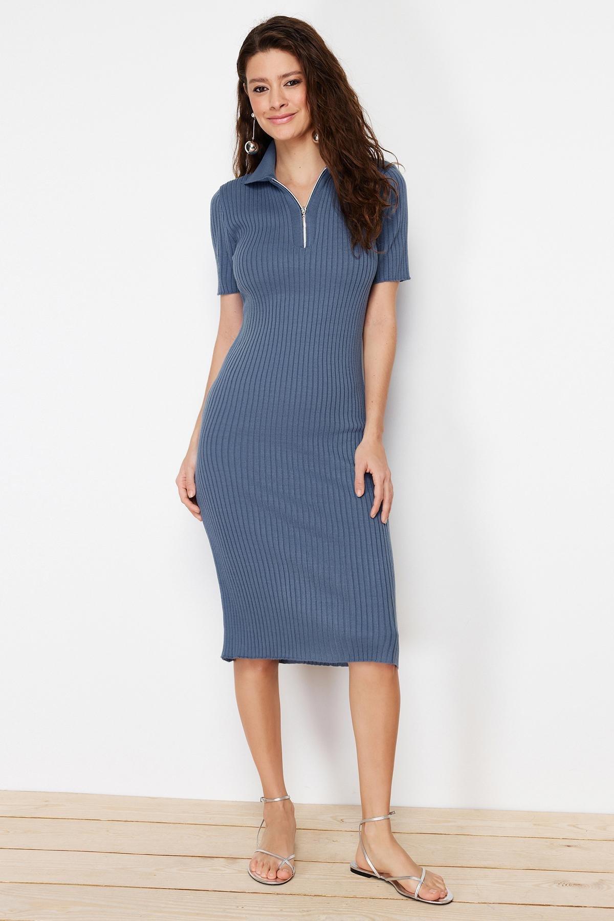 Indigo Midi Knitwear Polo Collar Dress TWOSS24EL00353, , large image number 0