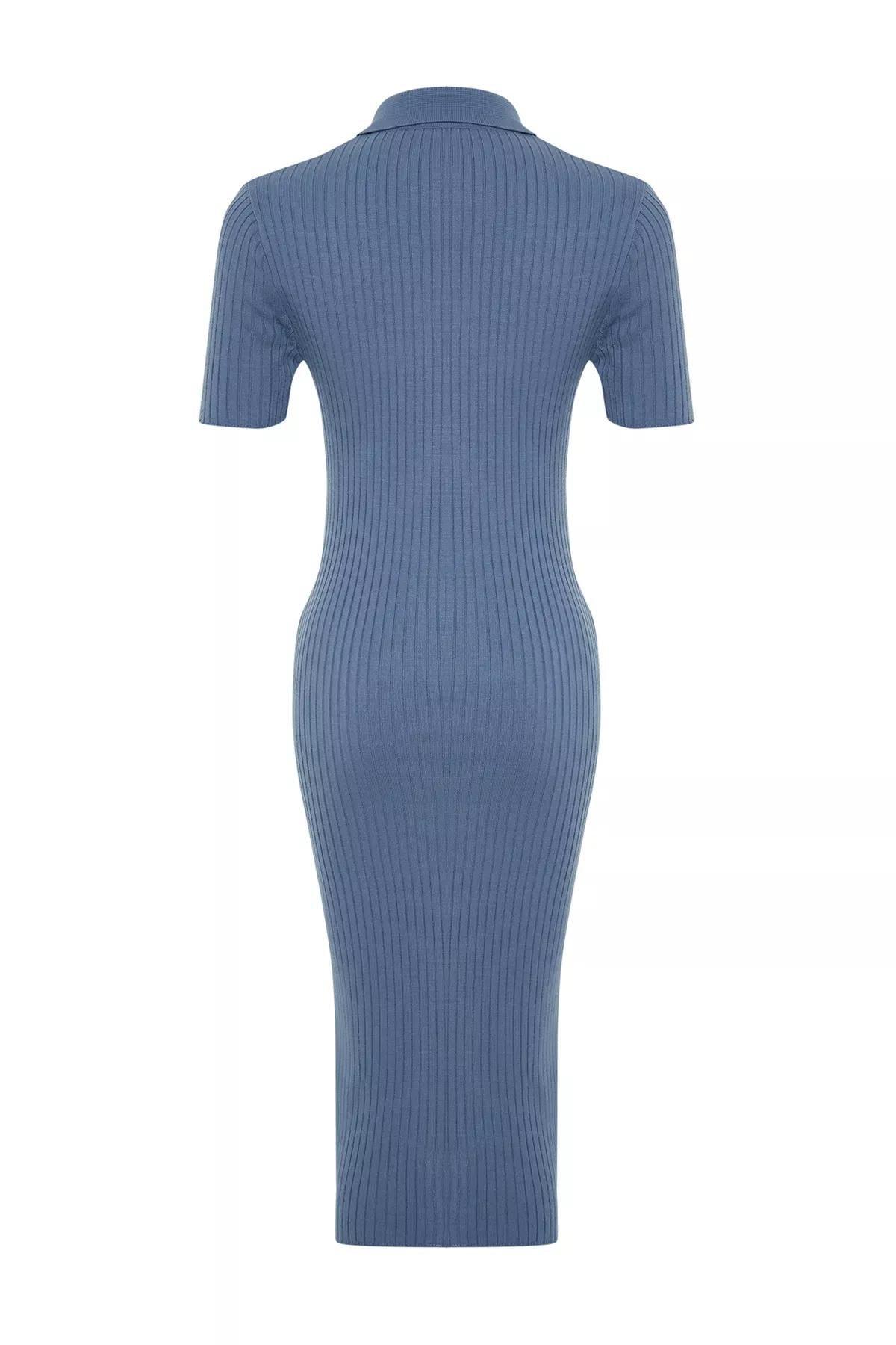 Purple Midi Polo Collar Knit Dress, Indigo, large image number 6