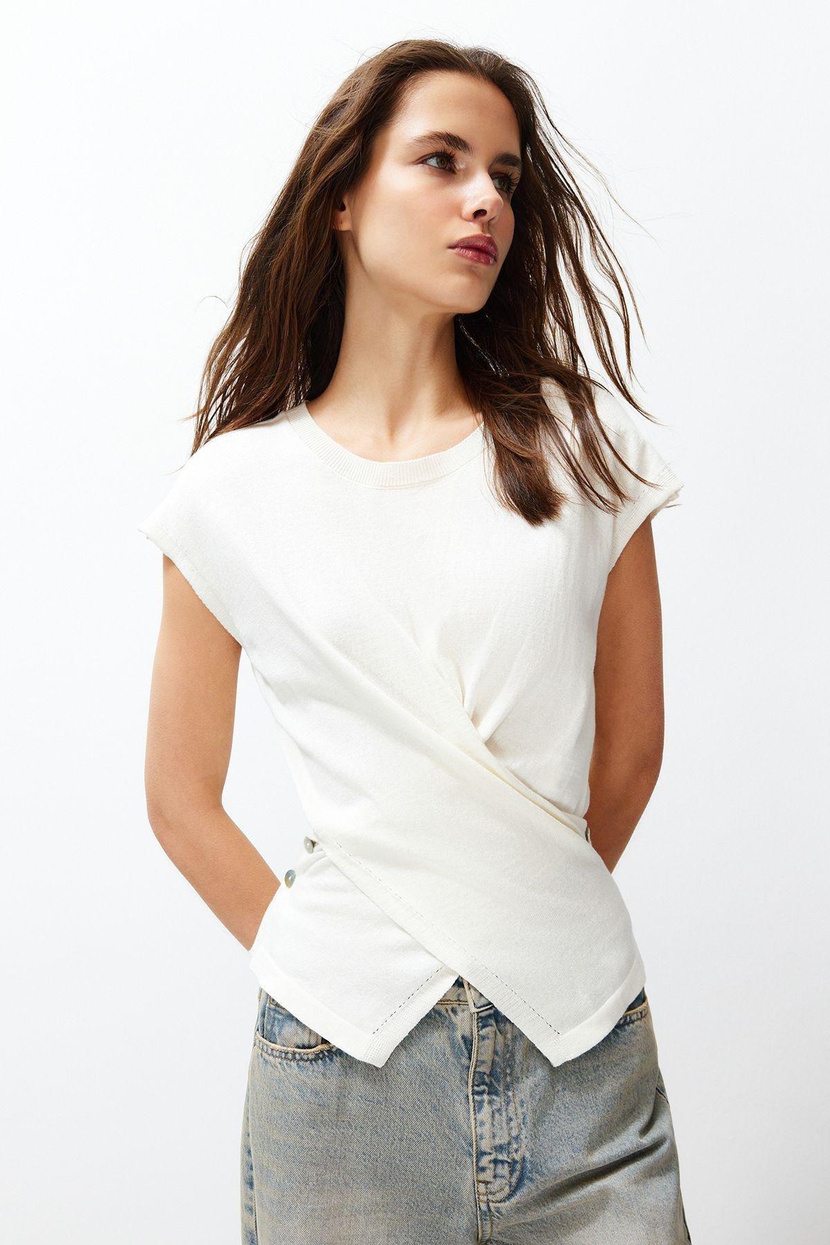 Ecru Cotton Knitwear Blouse, , large image number 0
