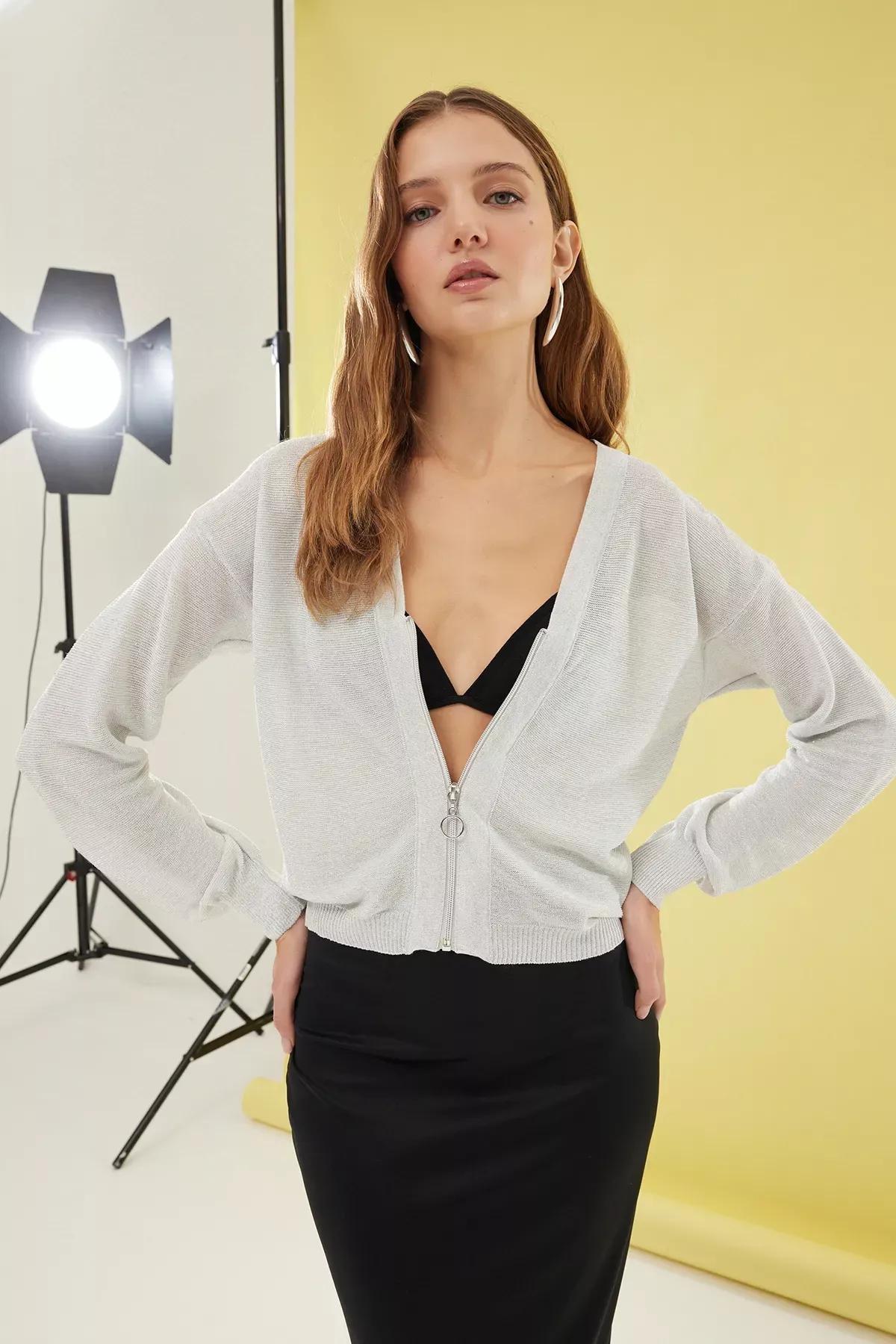 Beige Transparent Glitter Knit Cardigan, , large image number 0