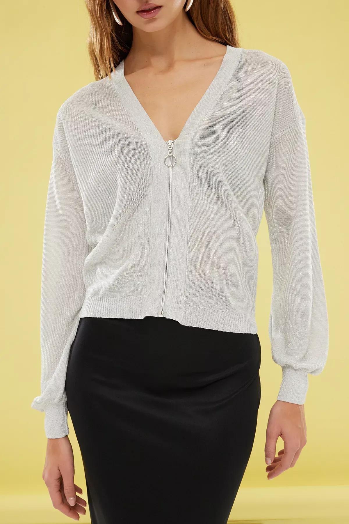 Beige Transparent Glitter Knit Cardigan, , large image number 2