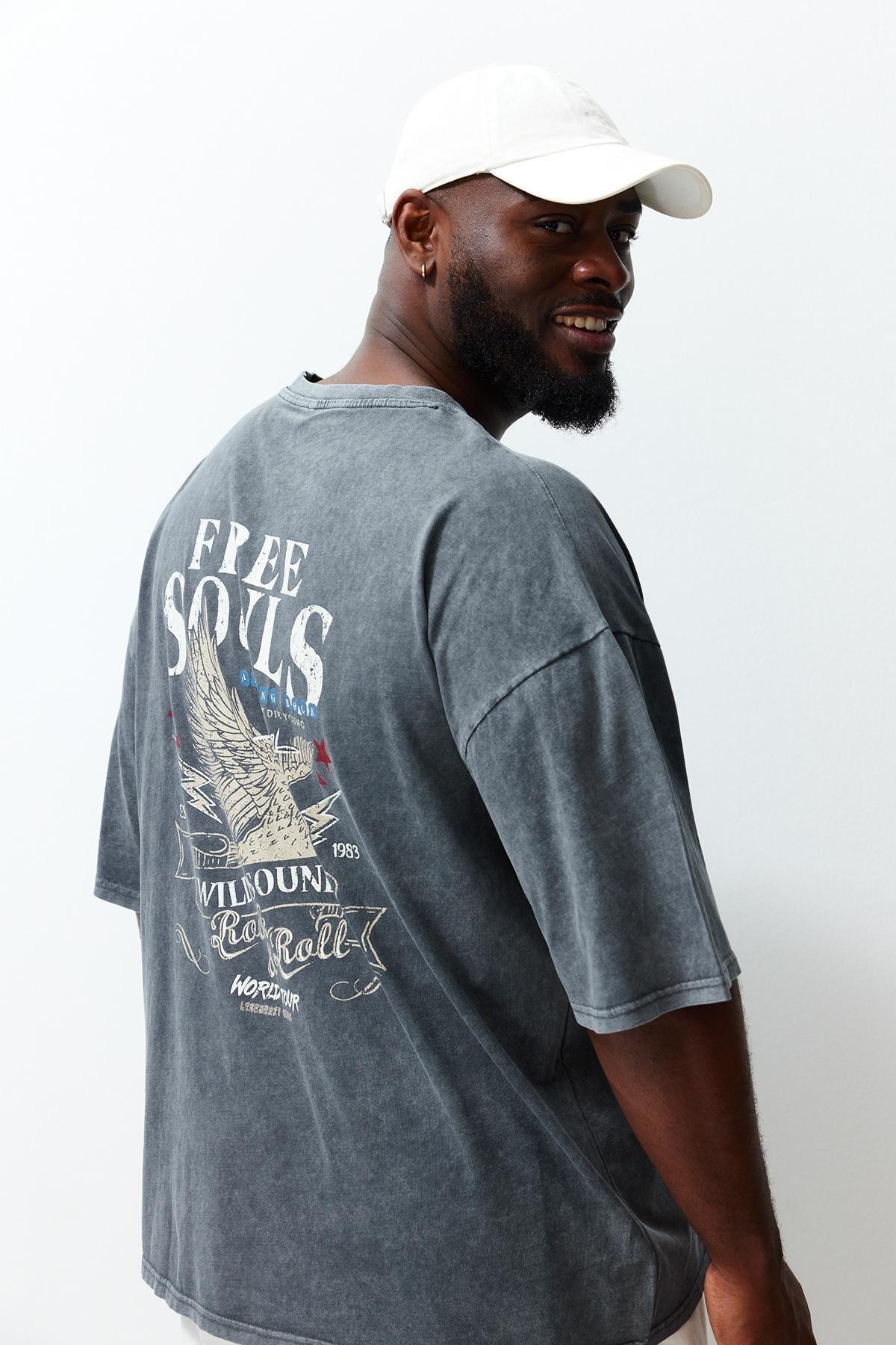 Plus Size Anthracite Oversize Anti-aging/Washing Effect 100% Cotton T-Shirt TMNSS24BF00029, , large image number 0