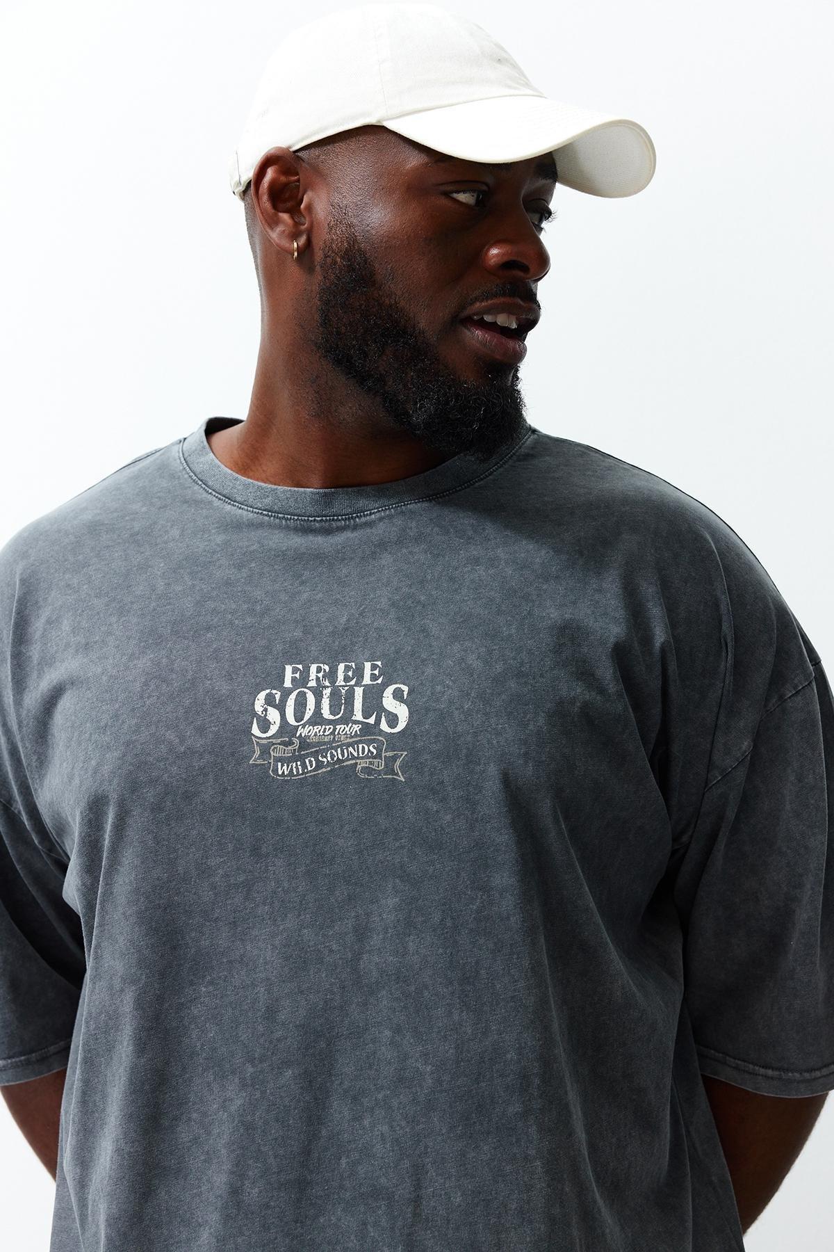 Plus Size Anthracite Oversize Anti-aging/Washing Effect 100% Cotton T-Shirt TMNSS24BF00029, , large image number 1