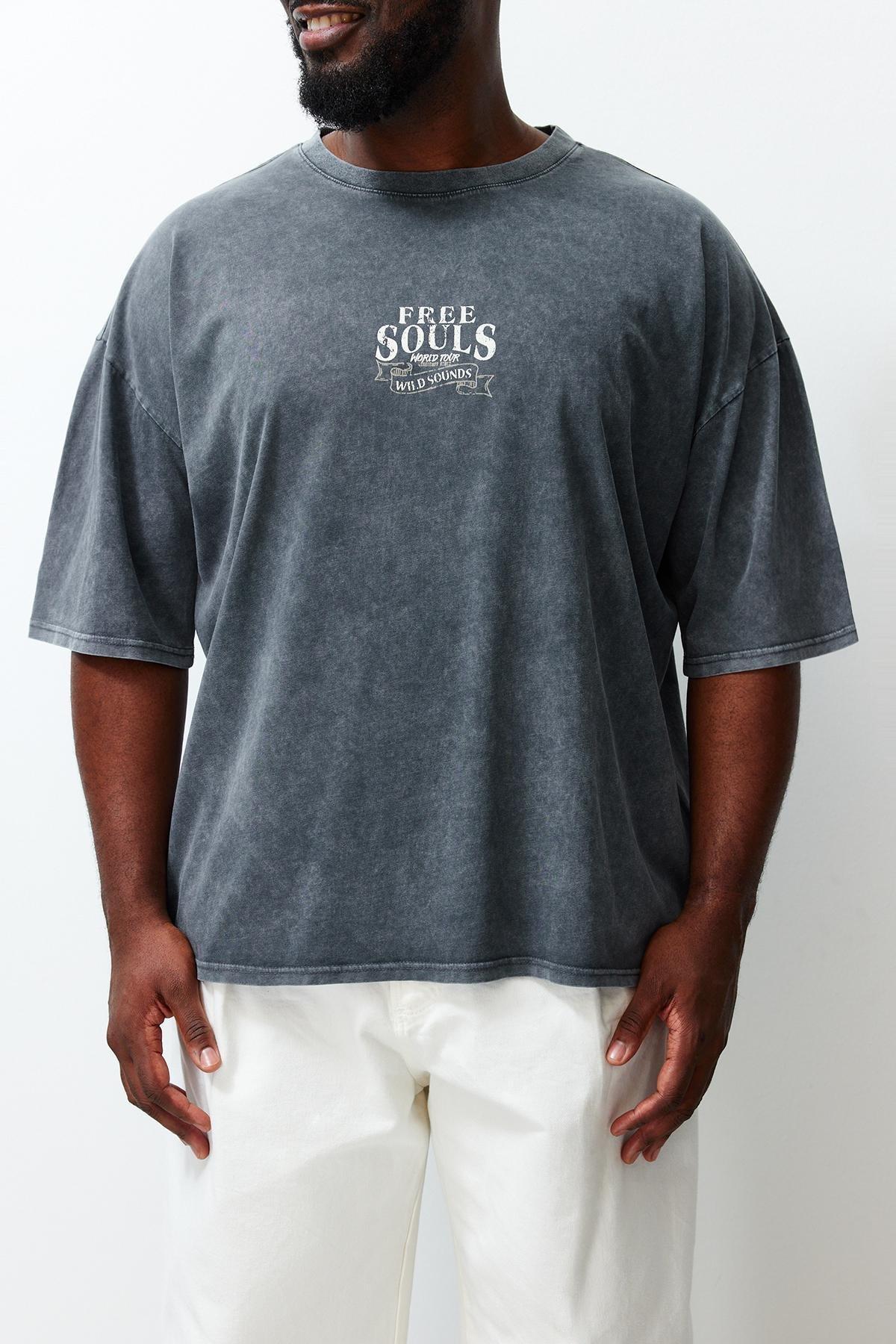 Plus Size Anthracite Oversize Anti-aging/Washing Effect 100% Cotton T-Shirt TMNSS24BF00029, , large image number 3