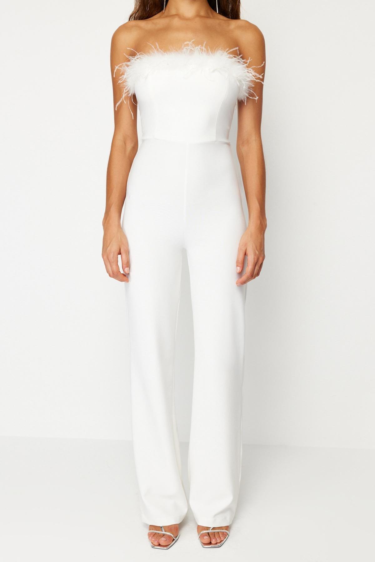 Trendyol - White Wide Leg Woven Fitted Jumpsuit