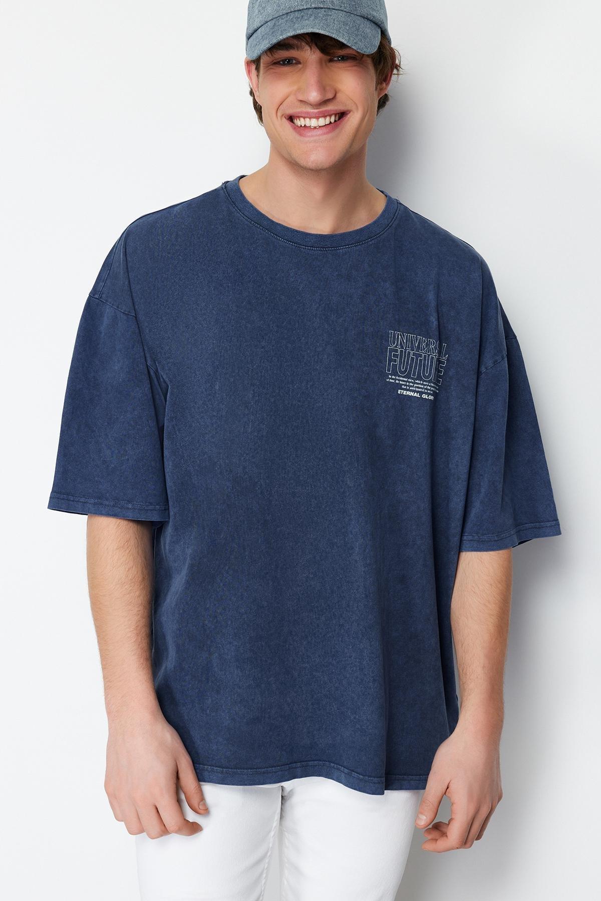 Navy Oversize Printed Short Sleeve T-Shirt, , large image number 1