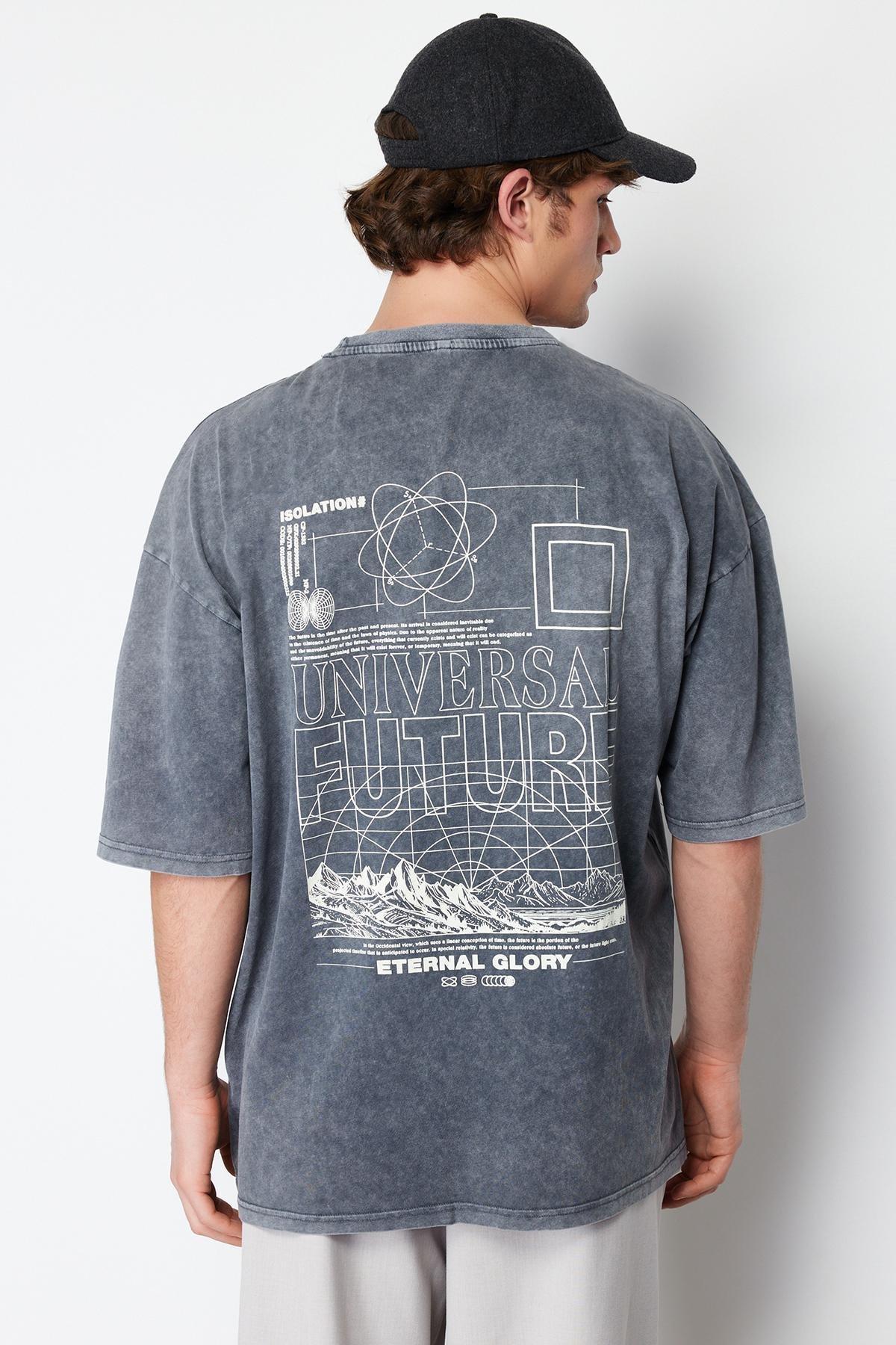 Anthracite Oversize/Wide Cut Faded Effect Text Printed 100% Cotton T-Shirt TMNSS24TS00043, , large image number 0