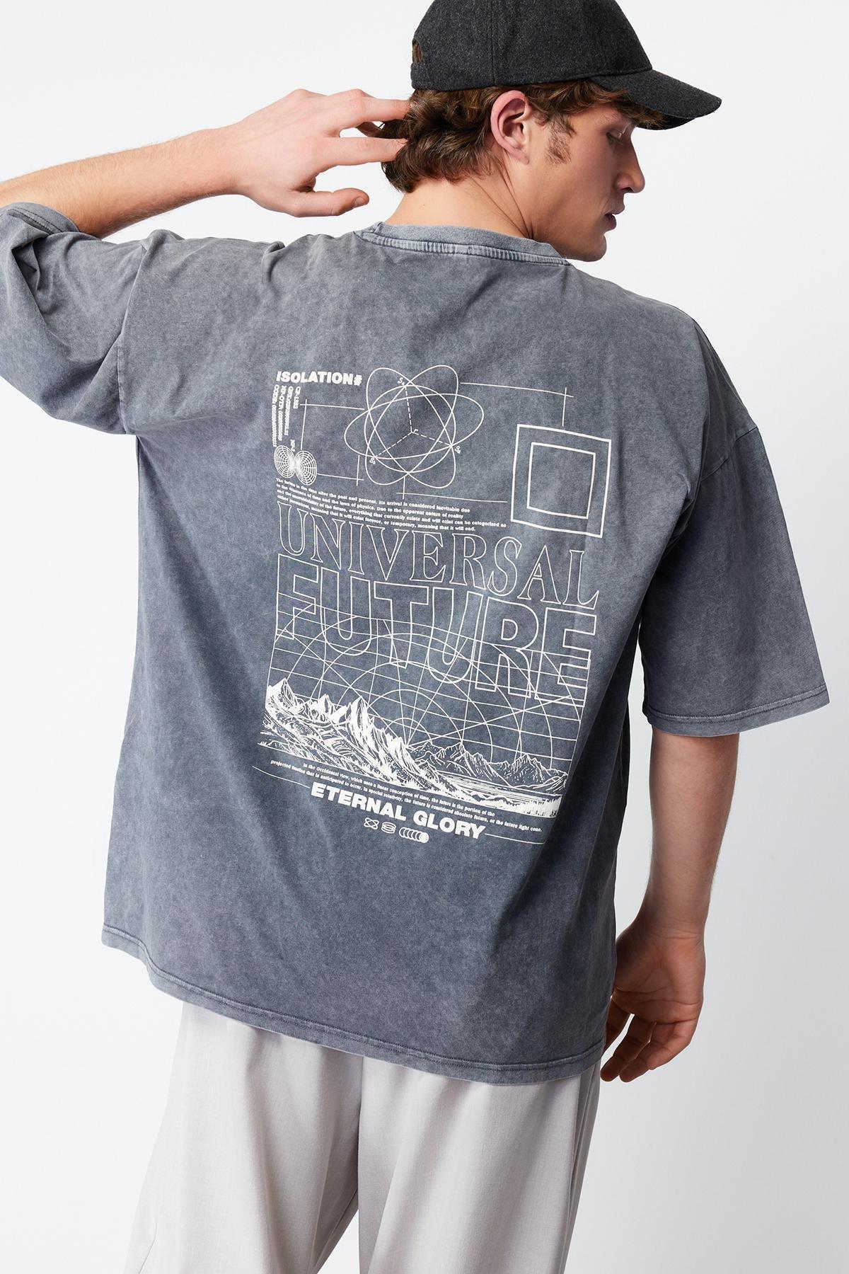 Anthracite Oversize/Wide Cut Faded Effect Text Printed 100% Cotton T-Shirt TMNSS24TS00043, , large image number 1