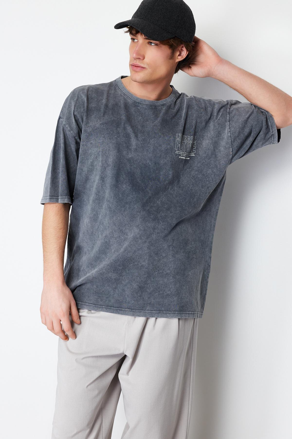 Anthracite Oversize/Wide Cut Faded Effect Text Printed 100% Cotton T-Shirt TMNSS24TS00043, , large image number 2