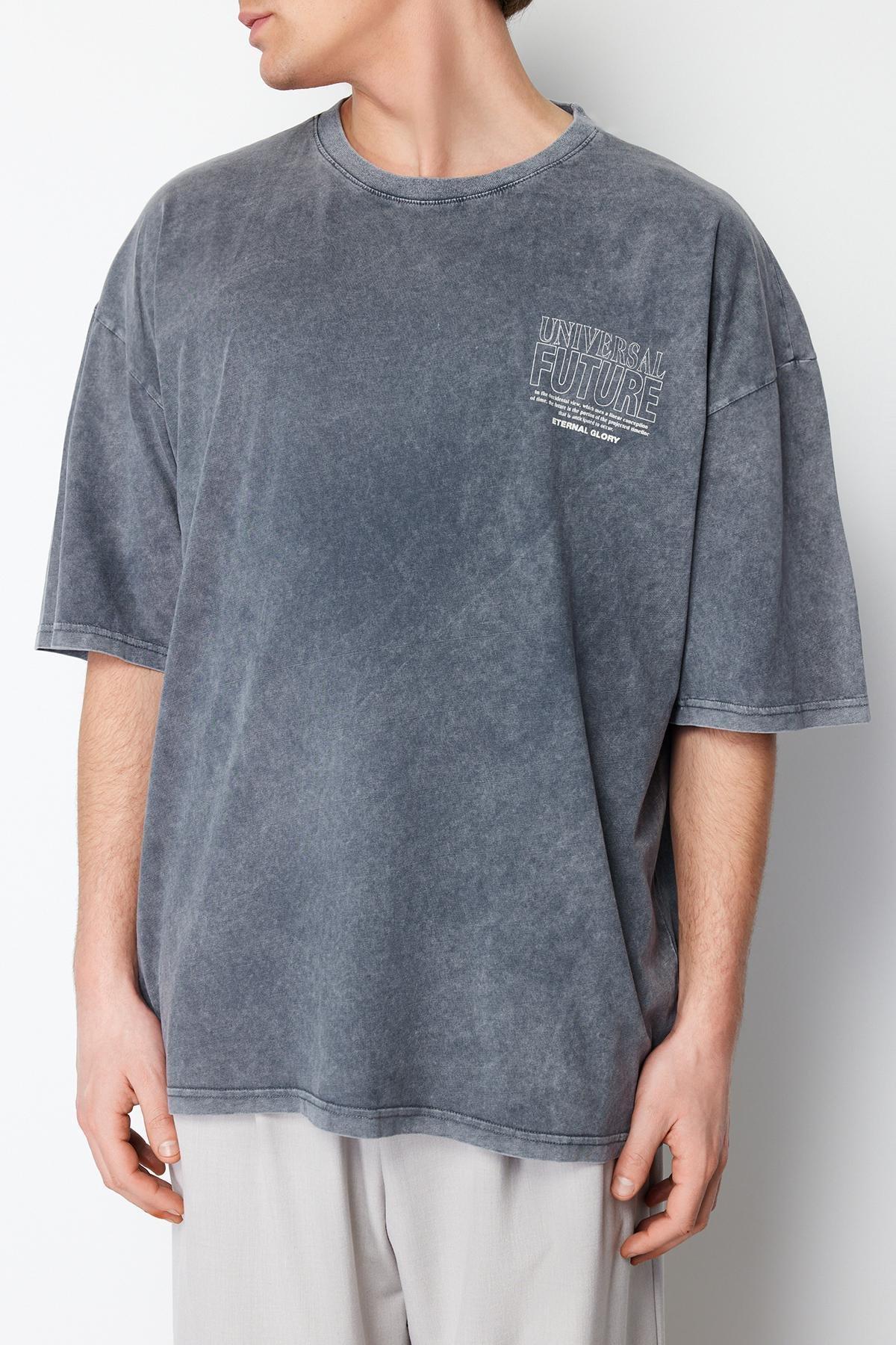 Anthracite Oversize/Wide Cut Faded Effect Text Printed 100% Cotton T-Shirt TMNSS24TS00043, , large image number 3