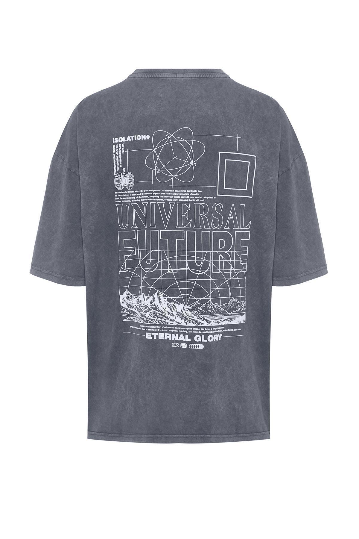 Anthracite Oversize/Wide Cut Faded Effect Text Printed 100% Cotton T-Shirt TMNSS24TS00043, , large image number 4