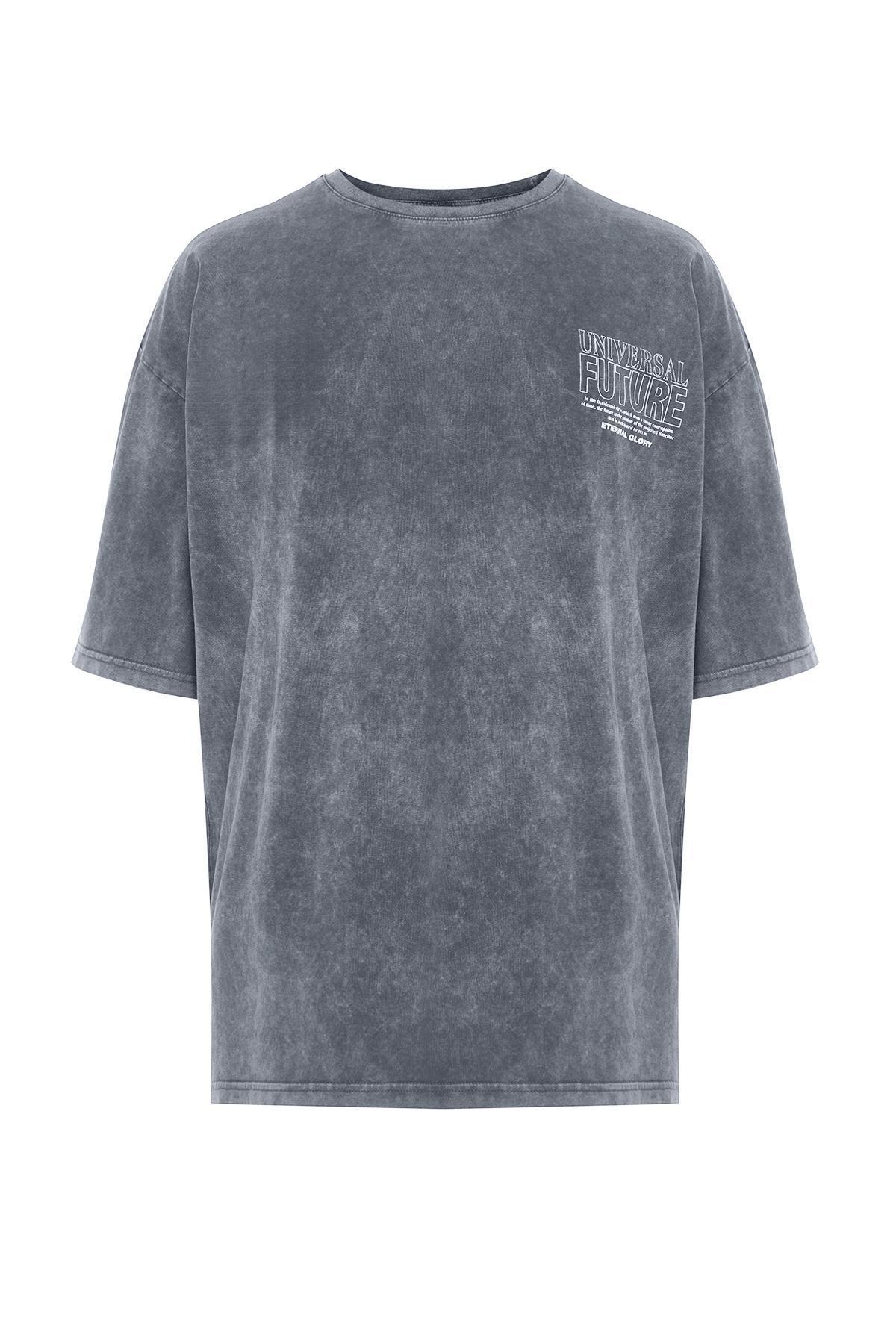 Anthracite Oversize/Wide Cut Faded Effect Text Printed 100% Cotton T-Shirt TMNSS24TS00043, , large image number 5
