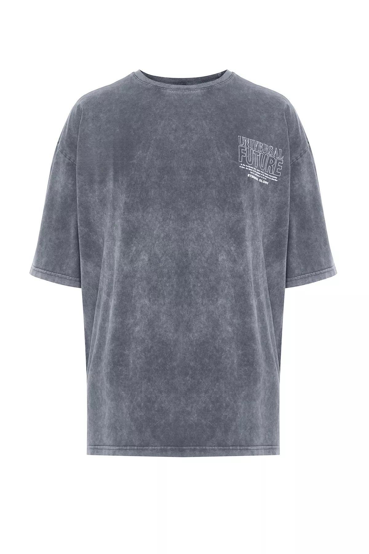 Grey Oversize Faded Effect Printed T-Shirt, Anthracite, large image number 6