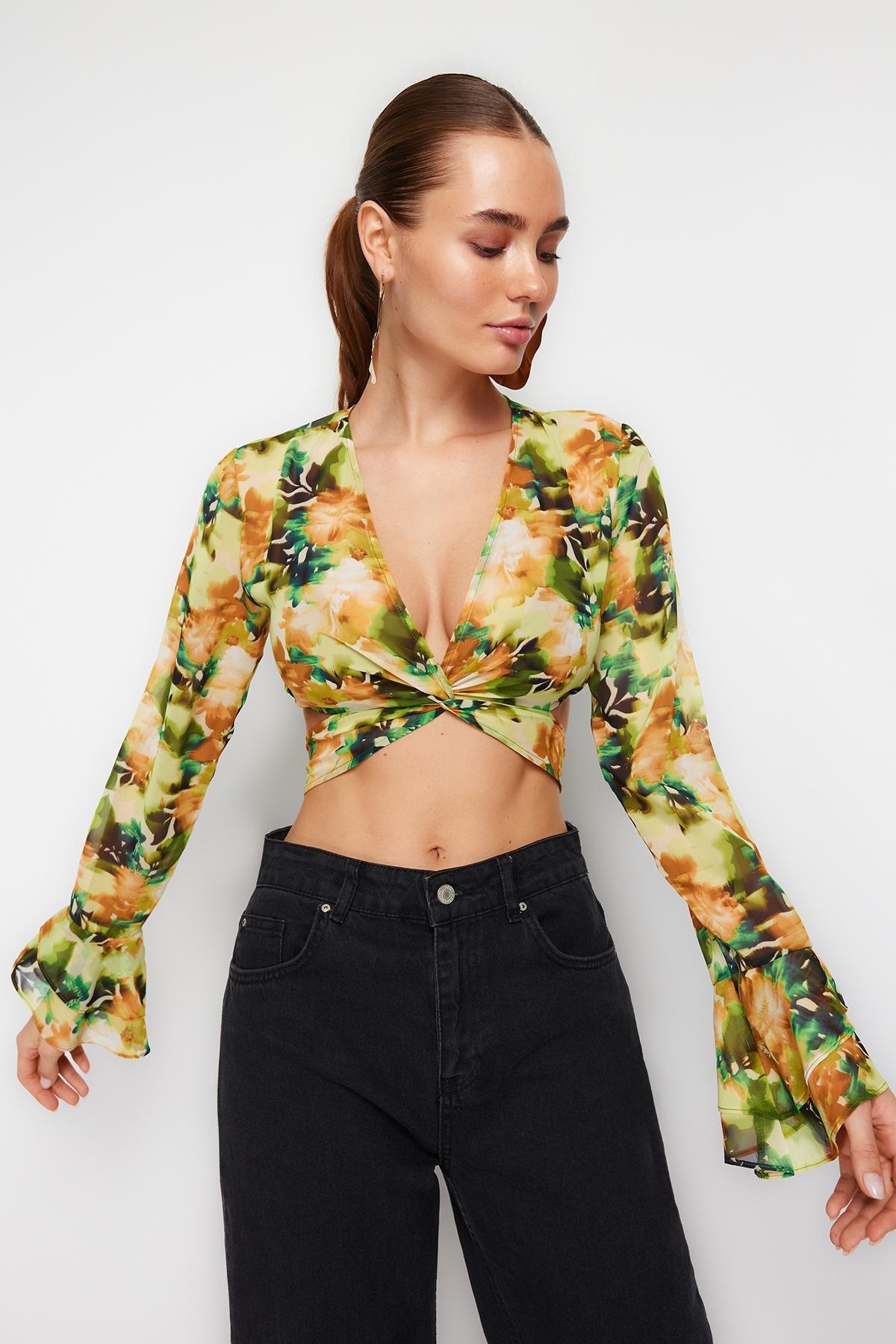 Trendyol - Multicolour Patterned Crop Chiffon Blouse