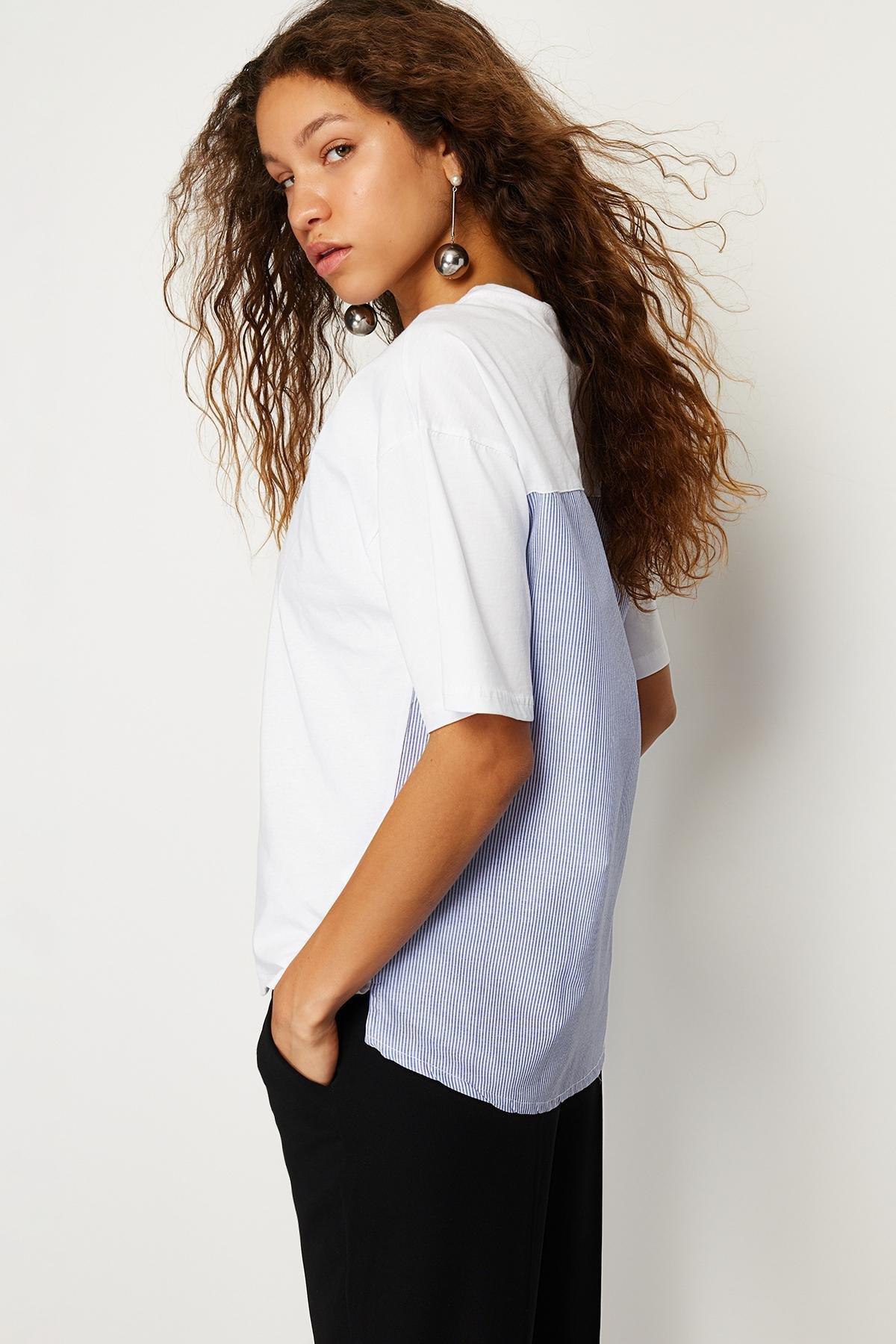 White Striped Poplin Wide Fit Knitted T-Shirt, , large image number 0