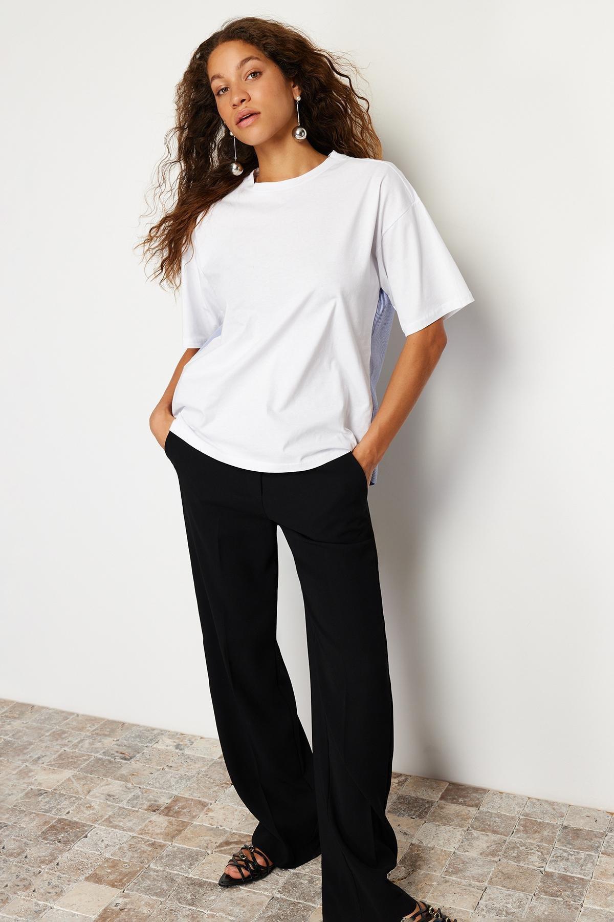 White Striped Poplin Wide Fit Knitted T-Shirt, , large image number 1