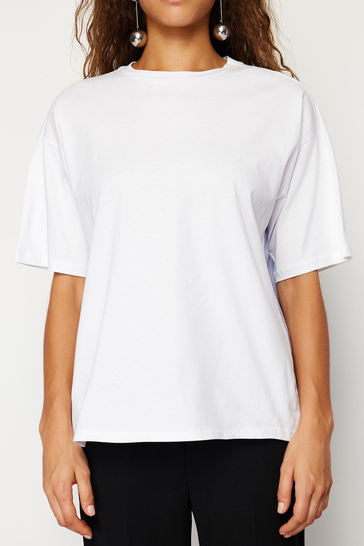 White Striped Poplin Wide Fit Knitted T-Shirt, , large image number 2