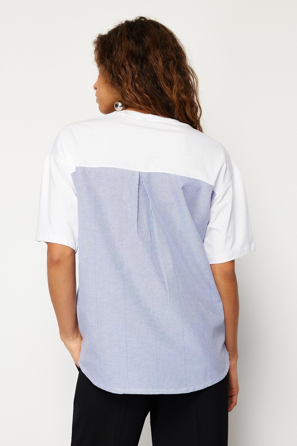 White Striped Poplin Wide Fit Knitted T-Shirt, , large image number 4