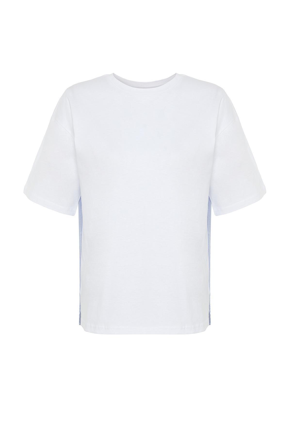 White Striped Poplin Wide Fit Knitted T-Shirt, , large image number 5