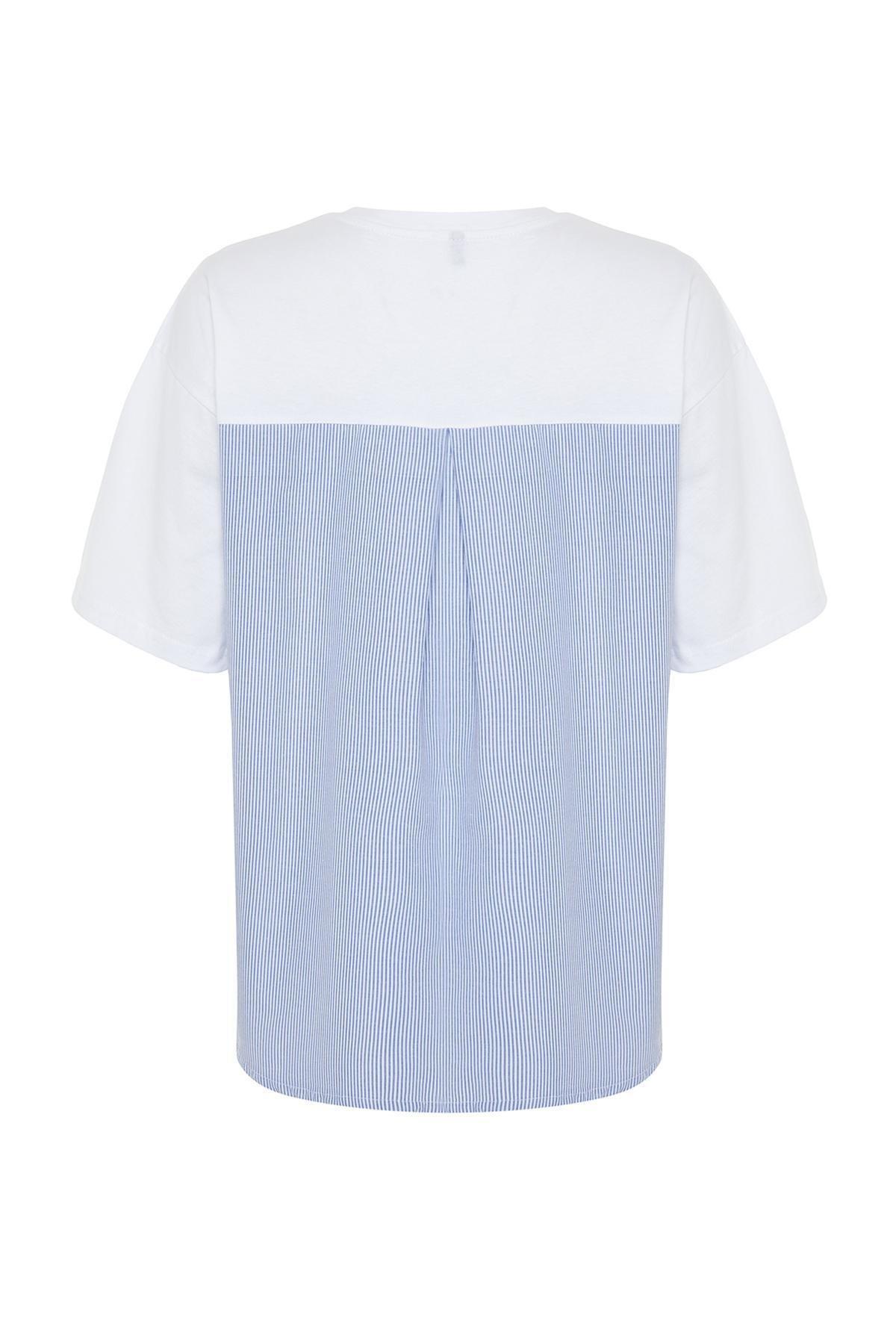 White Striped Poplin Wide Fit Knitted T-Shirt, , large image number 6
