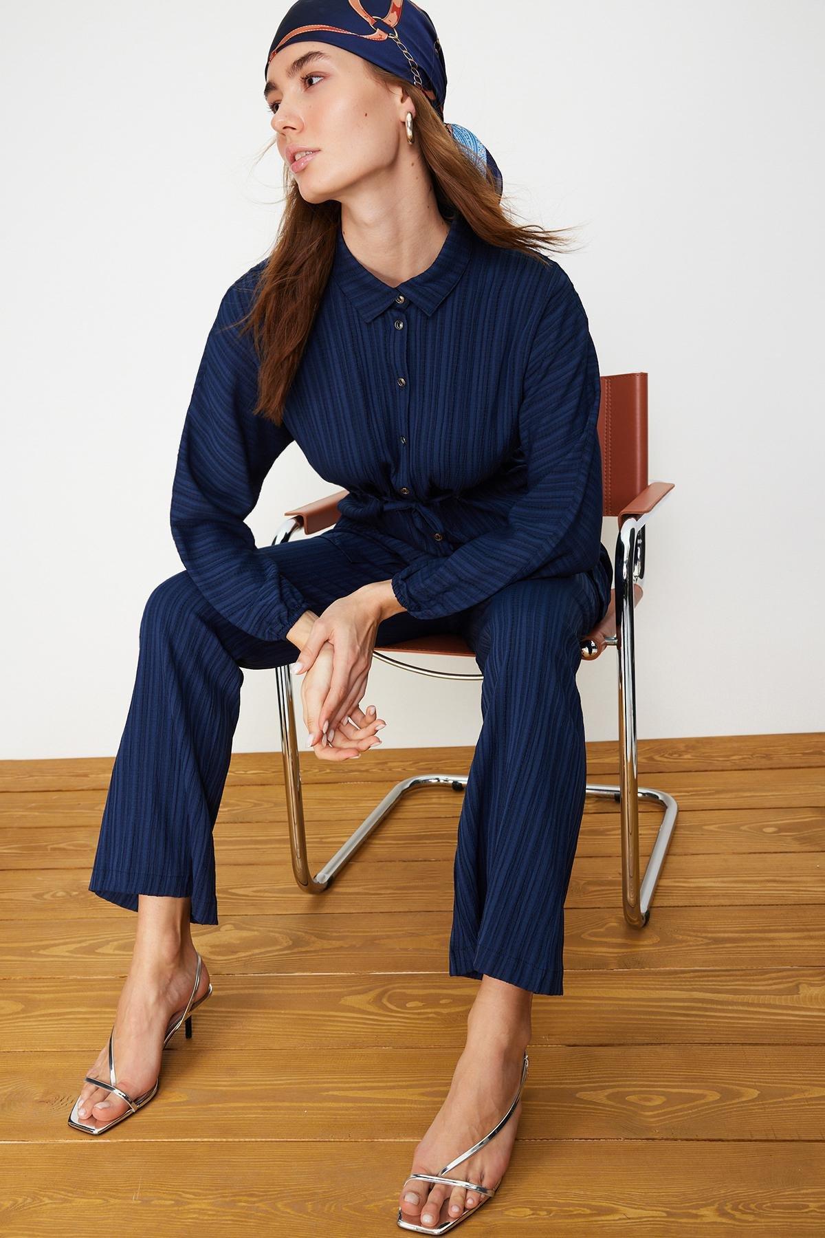 Navy Crinkle Shirt Co-Ord Set, , large image number 0