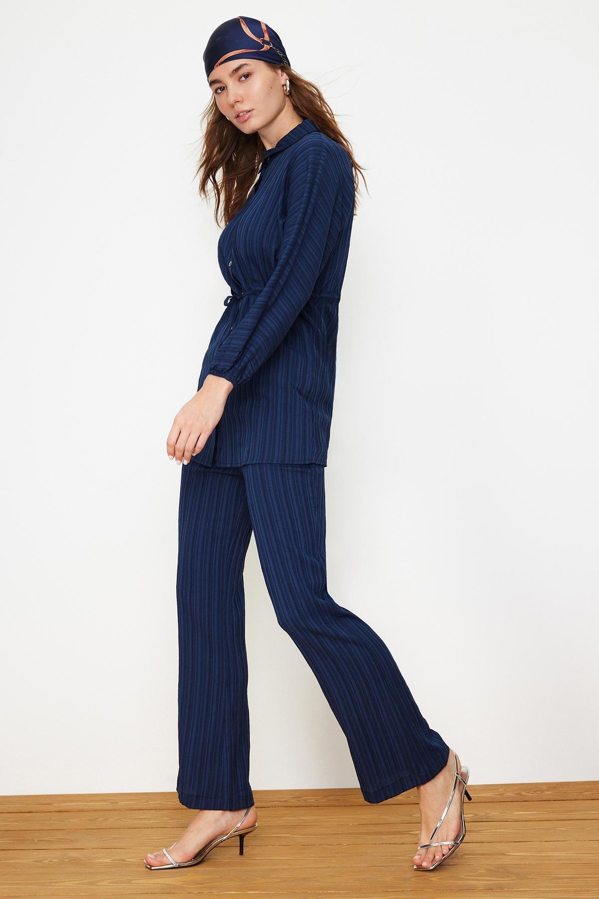 Navy Crinkle Shirt Co-Ord Set, , large image number 1