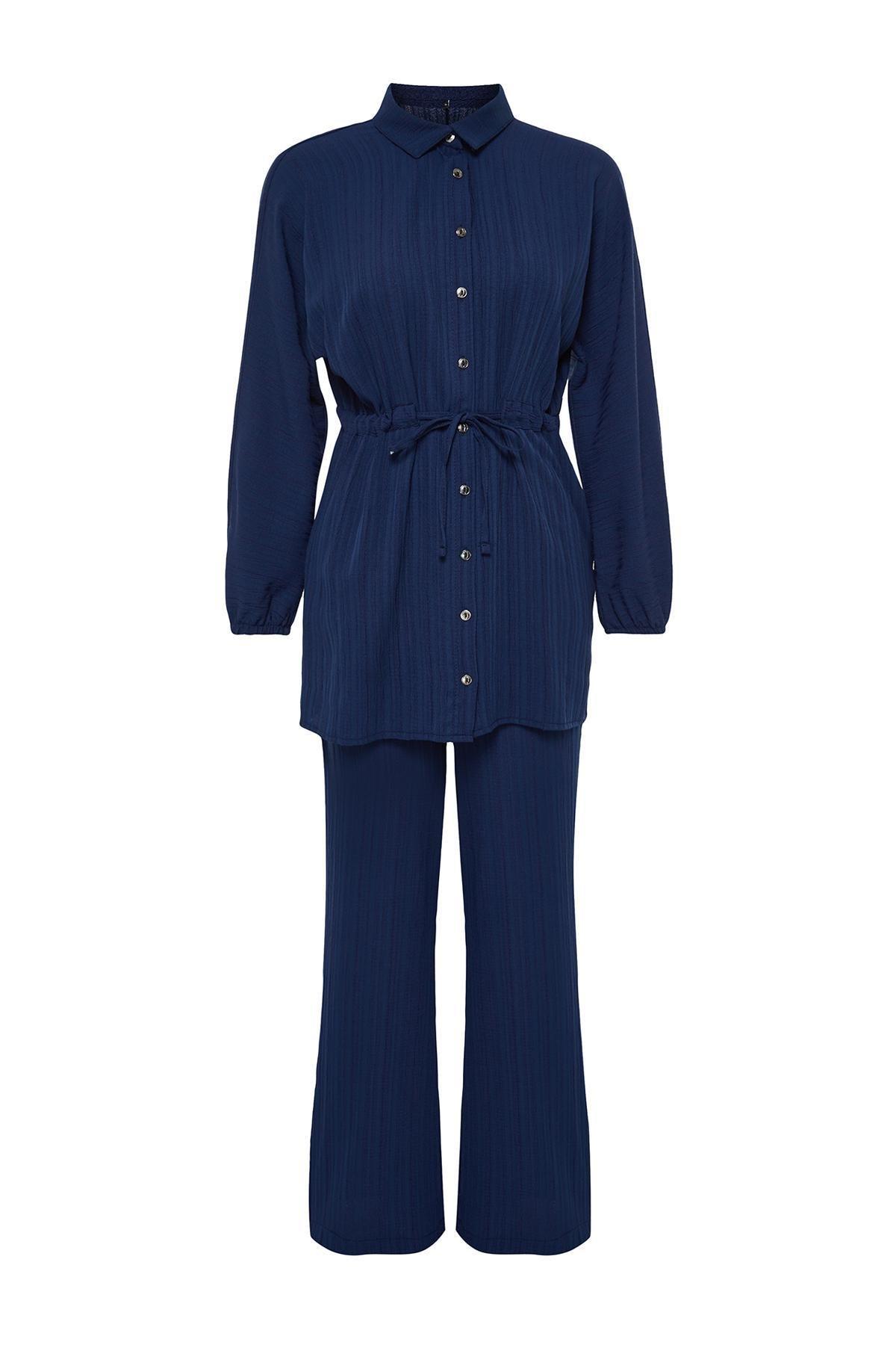 Navy Crinkle Shirt Co-Ord Set, , large image number 5