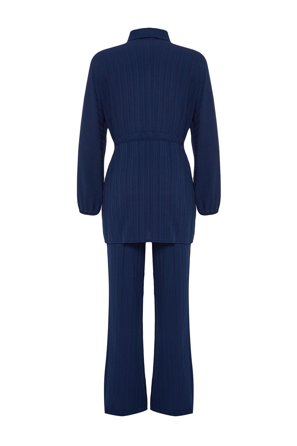 Navy Crinkle Shirt Co-Ord Set, , large image number 6