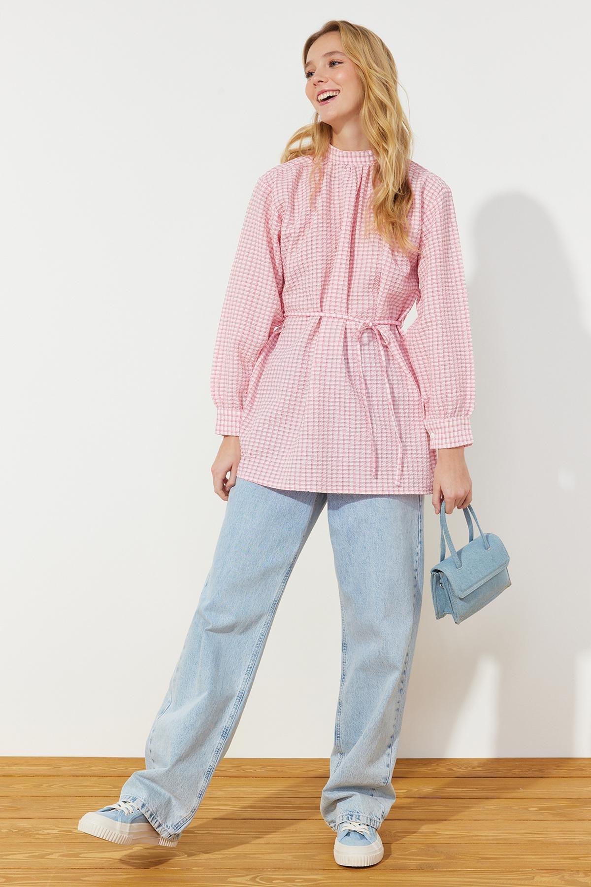 Pink Belted Plaid Tunic, , medium