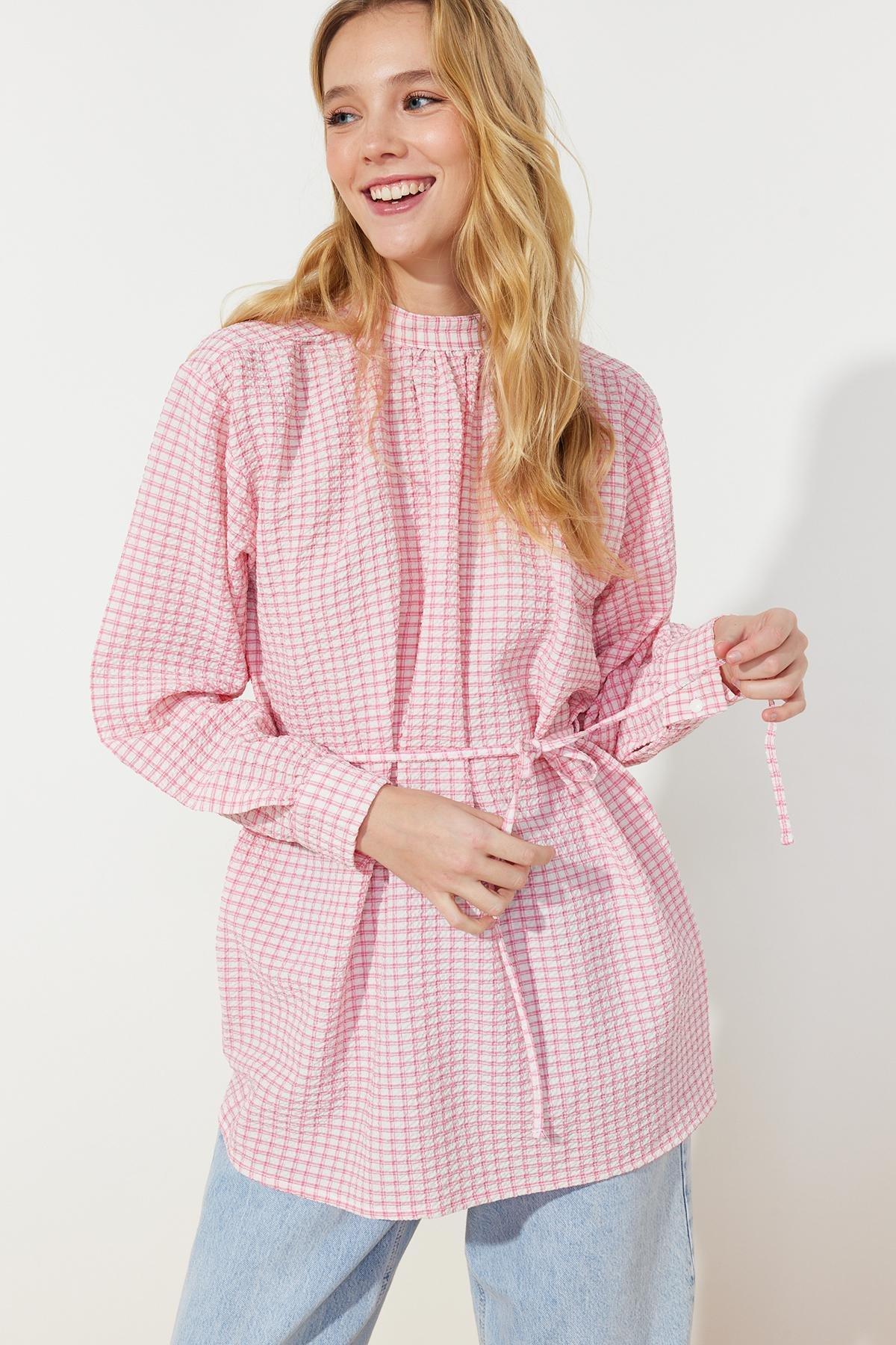Pink Belted Plaid Tunic, Pale pink, large image number 1