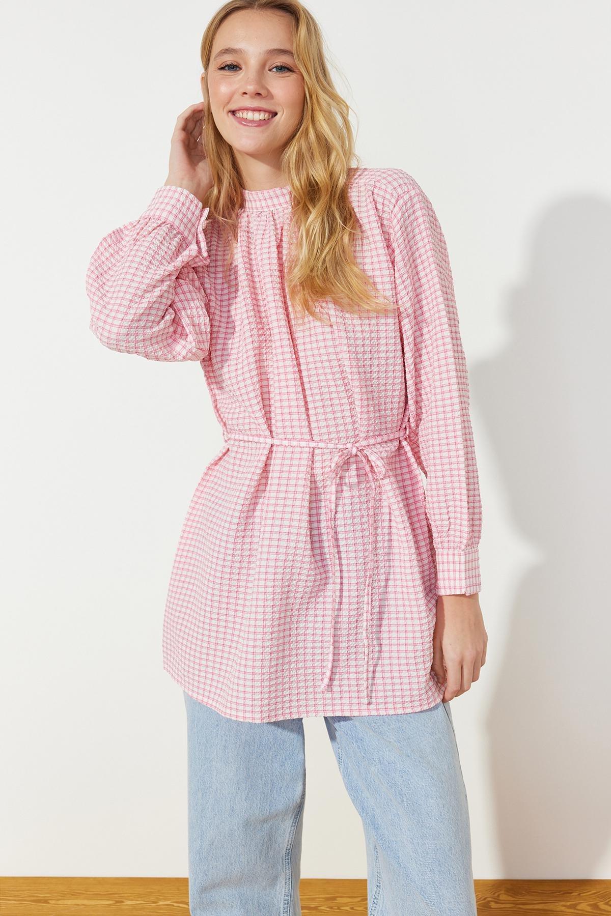 Pink Belted Plaid Tunic, Pale pink, large image number 2