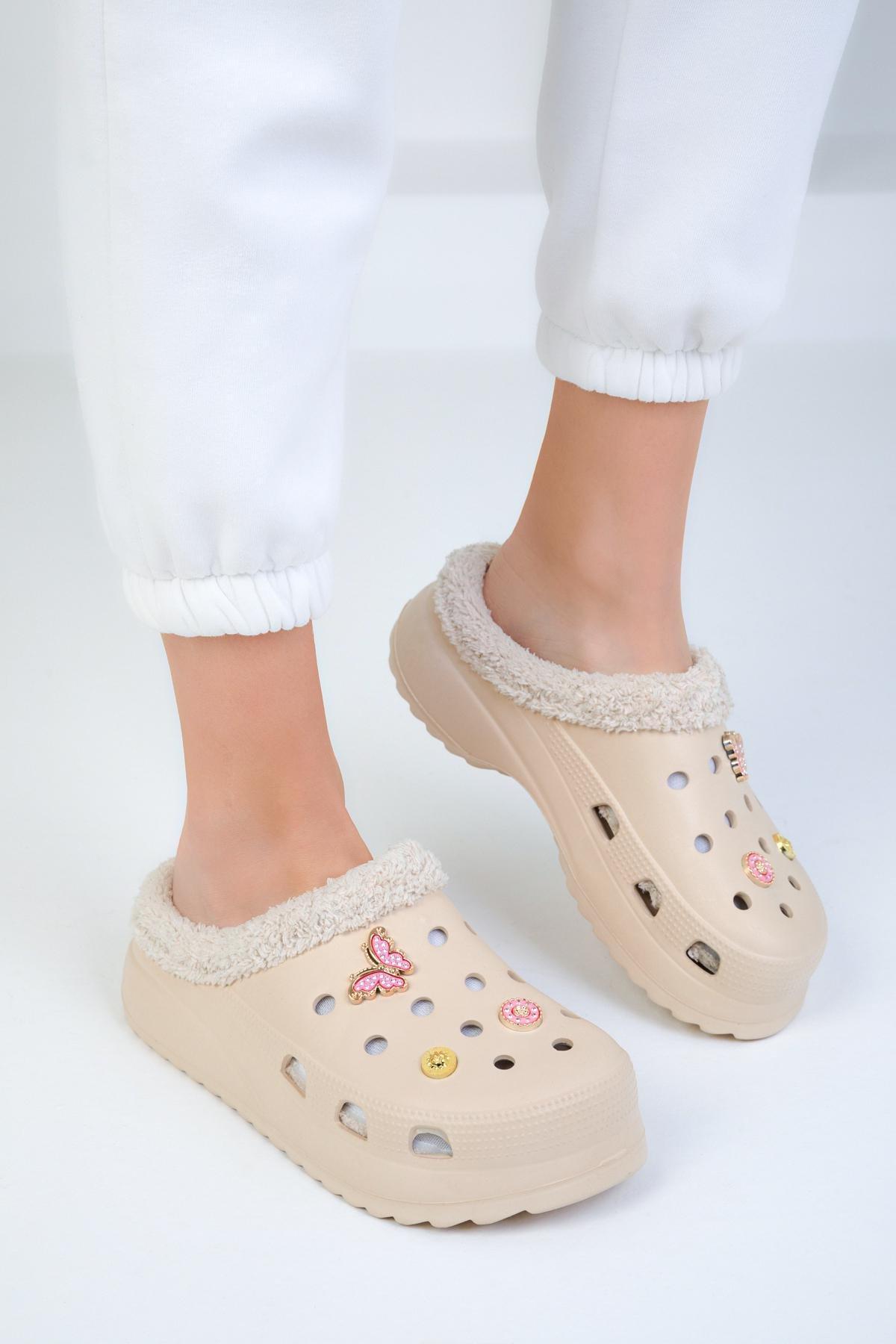 Beige Furry Winter Crocs Slippers, , large image number 0