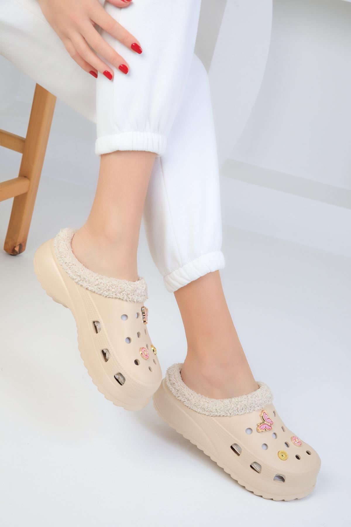 Beige Furry Winter Crocs Slippers, , large image number 1