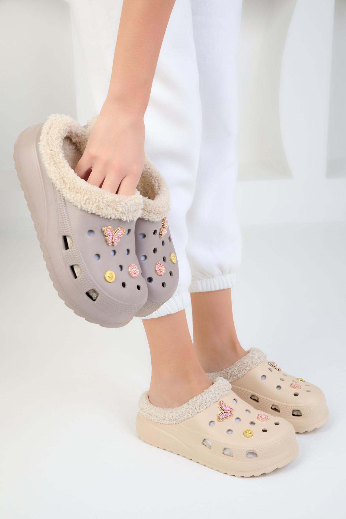 Beige Furry Winter Crocs Slippers, , large image number 2