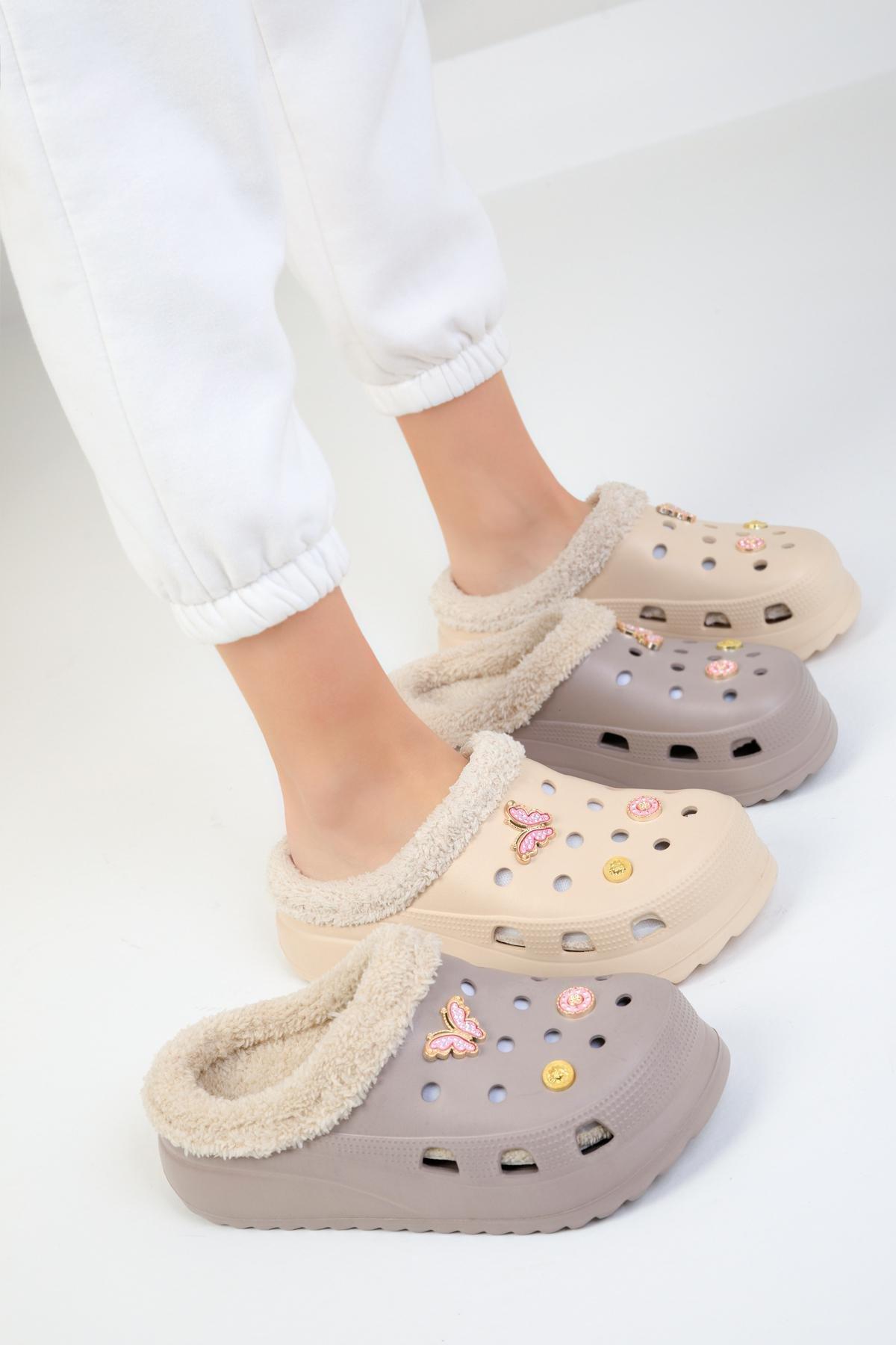 Beige Furry Winter Crocs Slippers, , large image number 3