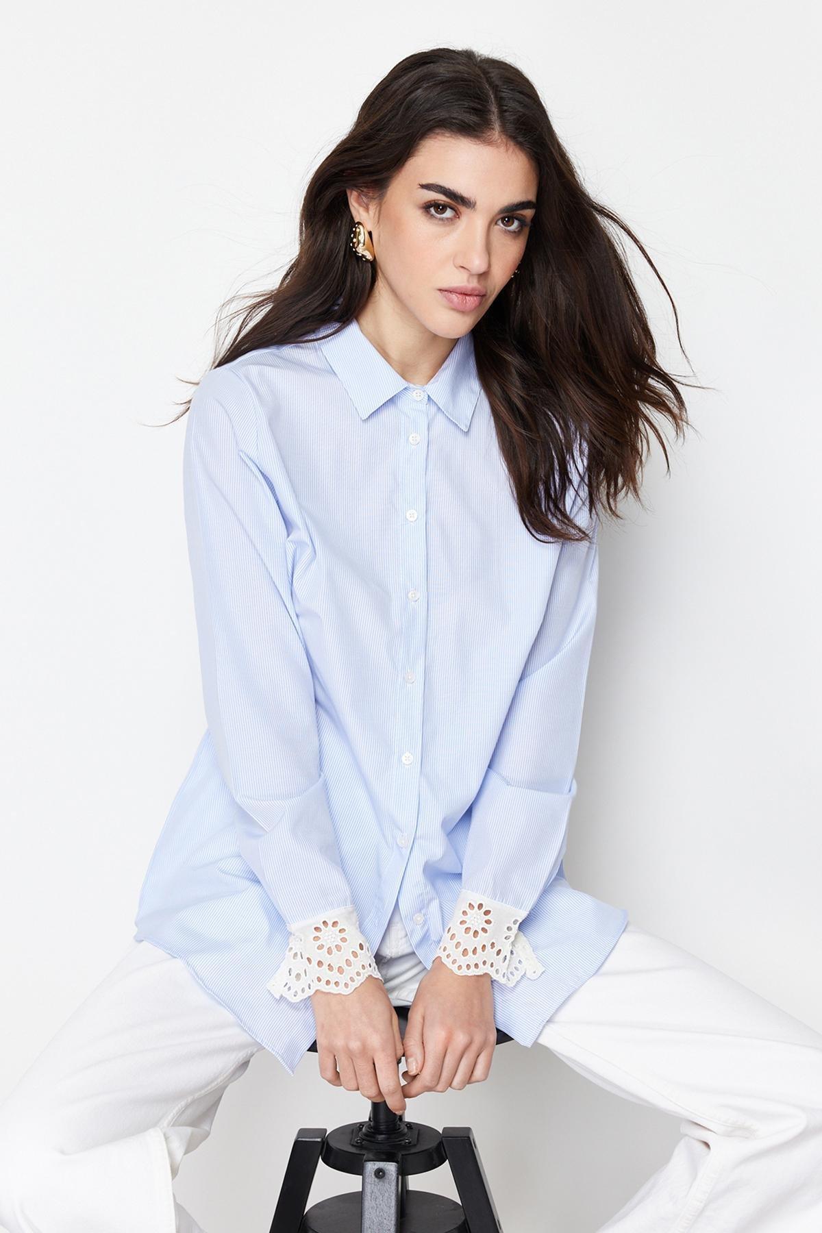 Blue Brode Detail Cotton Blended Woven Shirt, , large image number 0