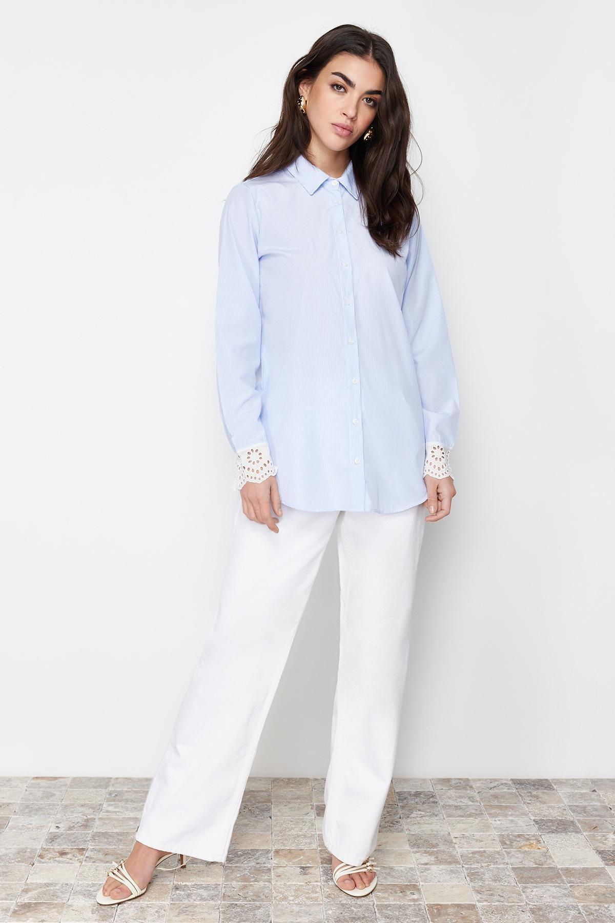 Blue Brode Detail Cotton Blended Woven Shirt, , large image number 1